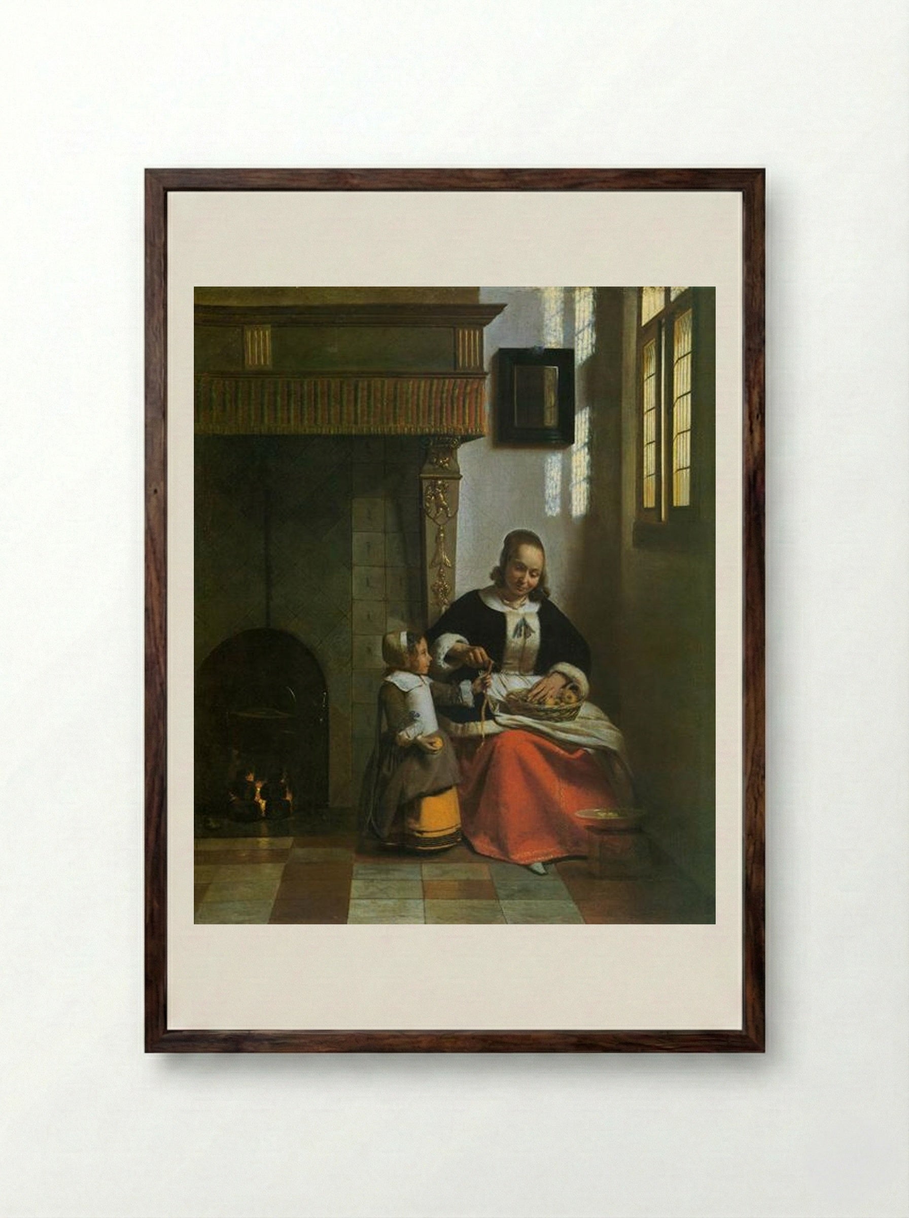 A Woman Peeling Apples - Pieter de Hooch - Framed Print Dark Wood