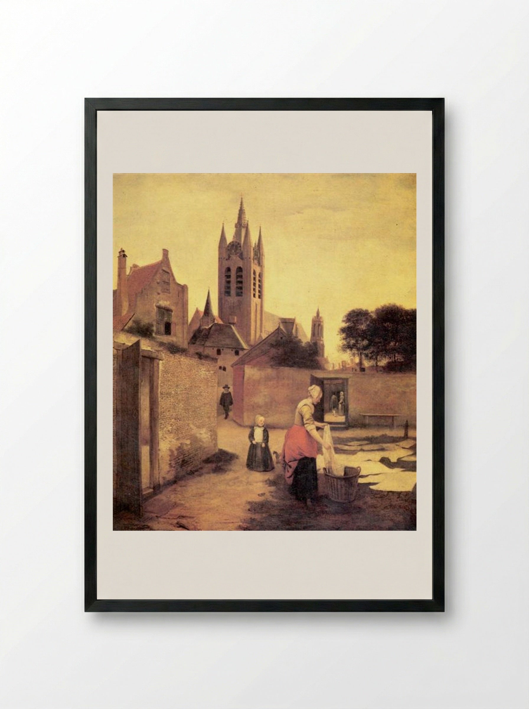 A Woman and a Child on a Bleichwiese - Pieter de Hooch - Framed Print Black