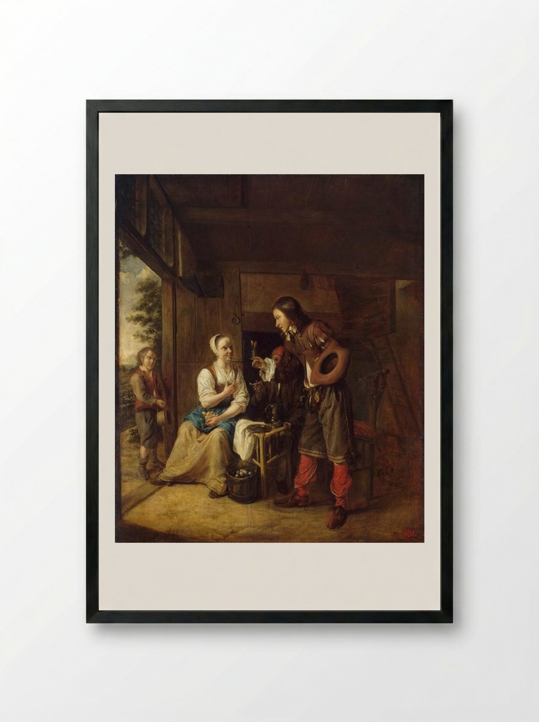 Man Offering a Glass of Wine to a Woman - Pieter de Hooch - Framed Print Black