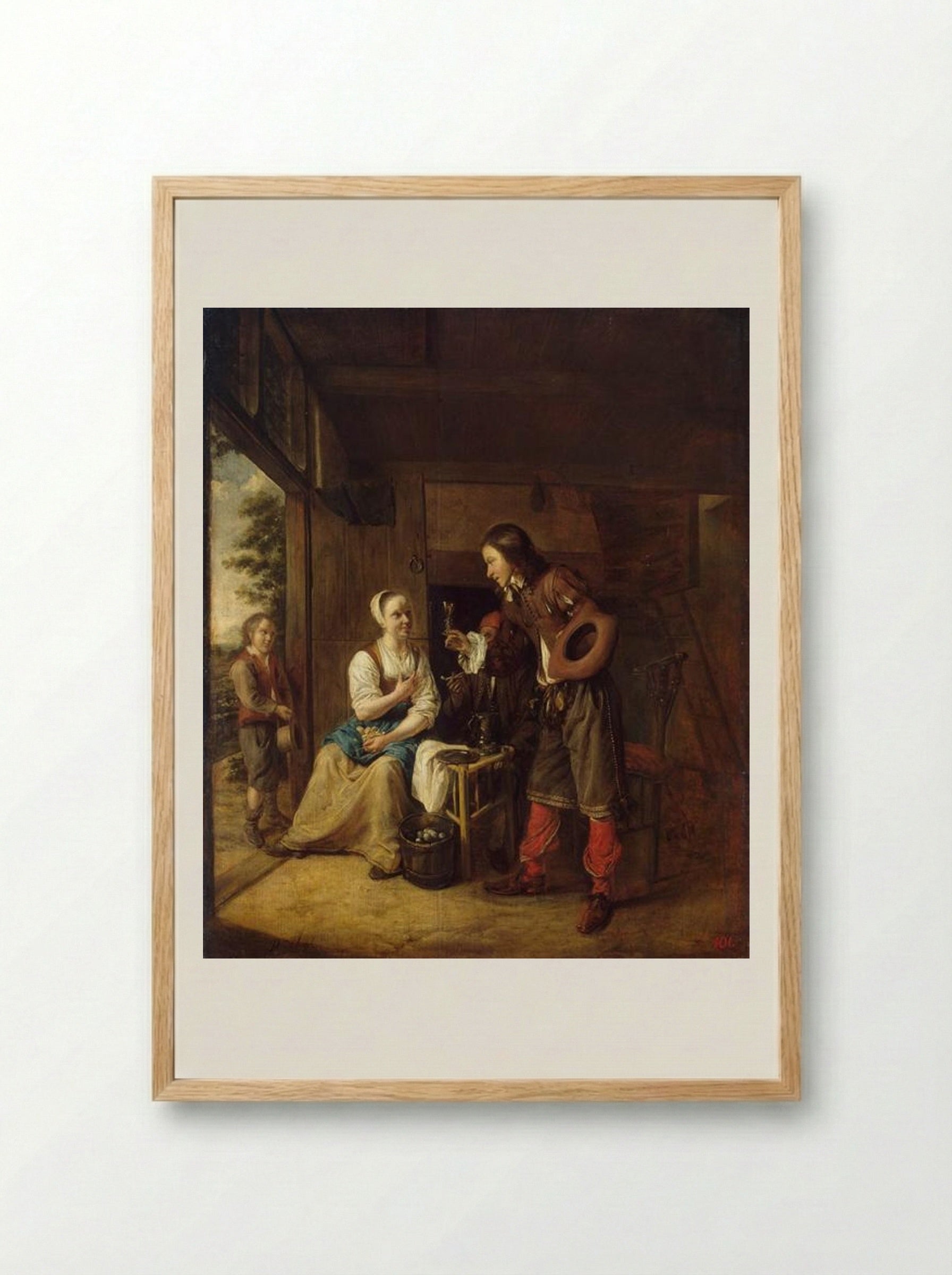 Man Offering a Glass of Wine to a Woman - Pieter de Hooch - Framed Print Wood