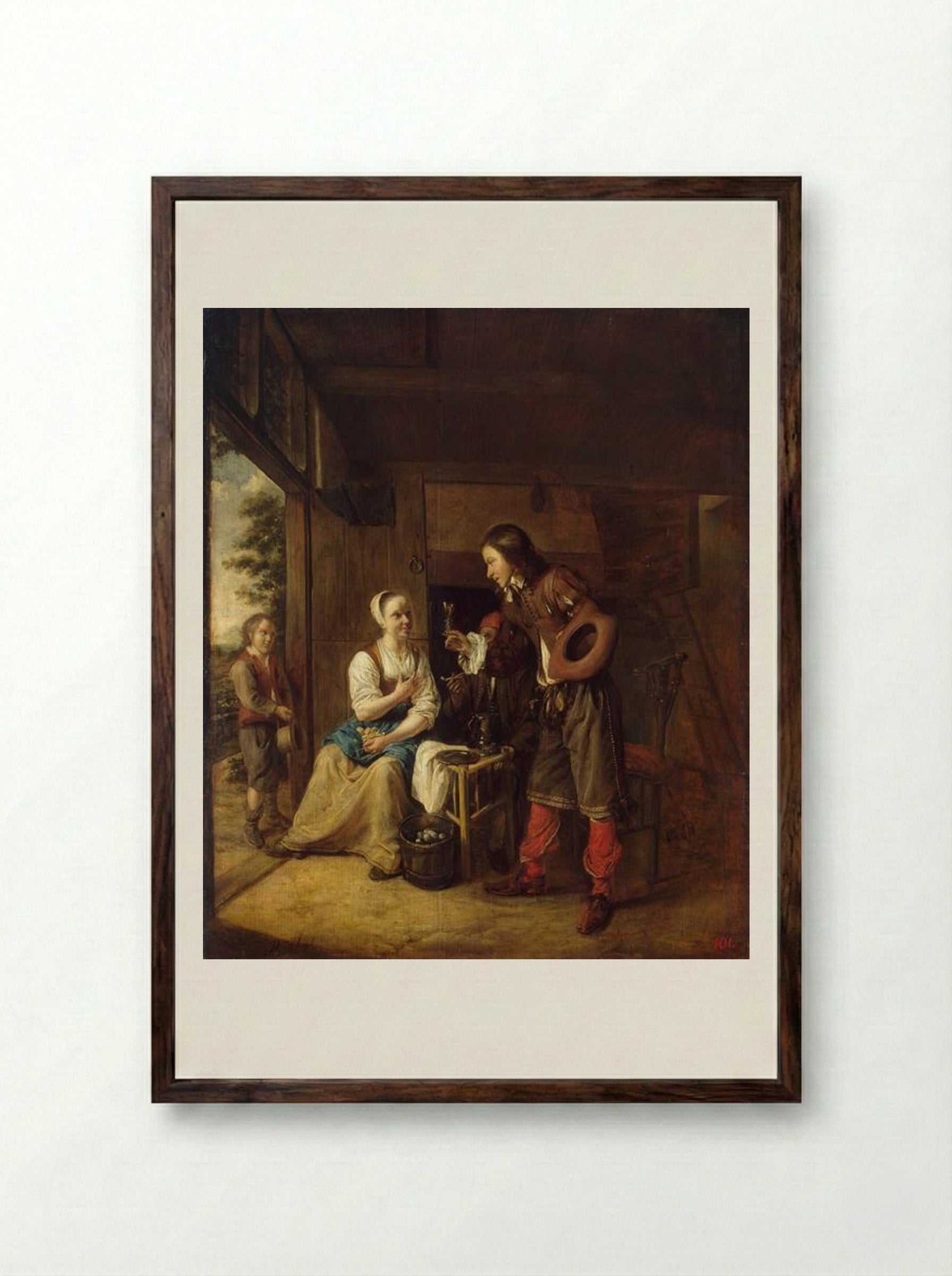 Man Offering a Glass of Wine to a Woman - Pieter de Hooch - Framed Print Dark Wood