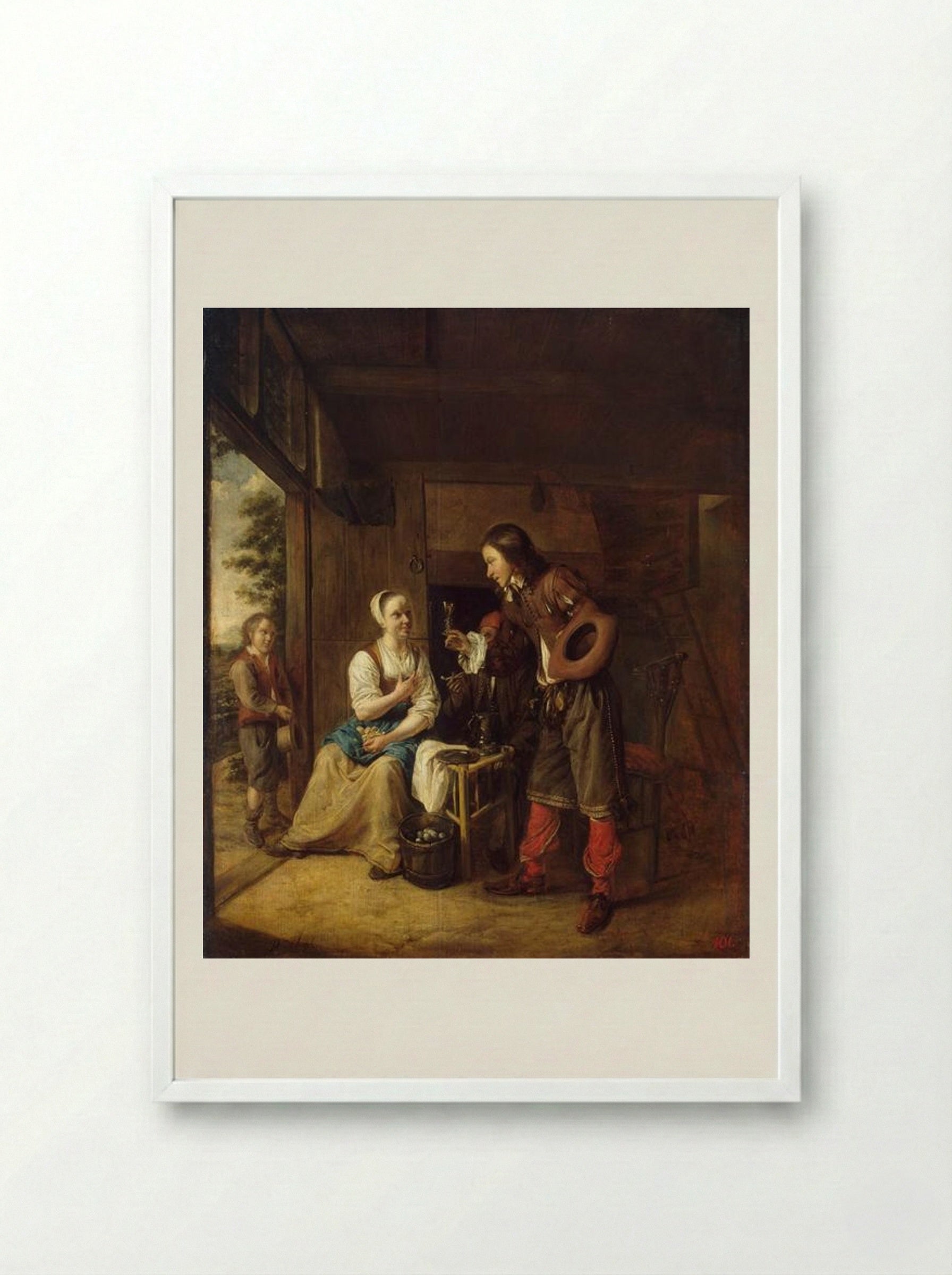 Man Offering a Glass of Wine to a Woman - Pieter de Hooch - Framed Print White