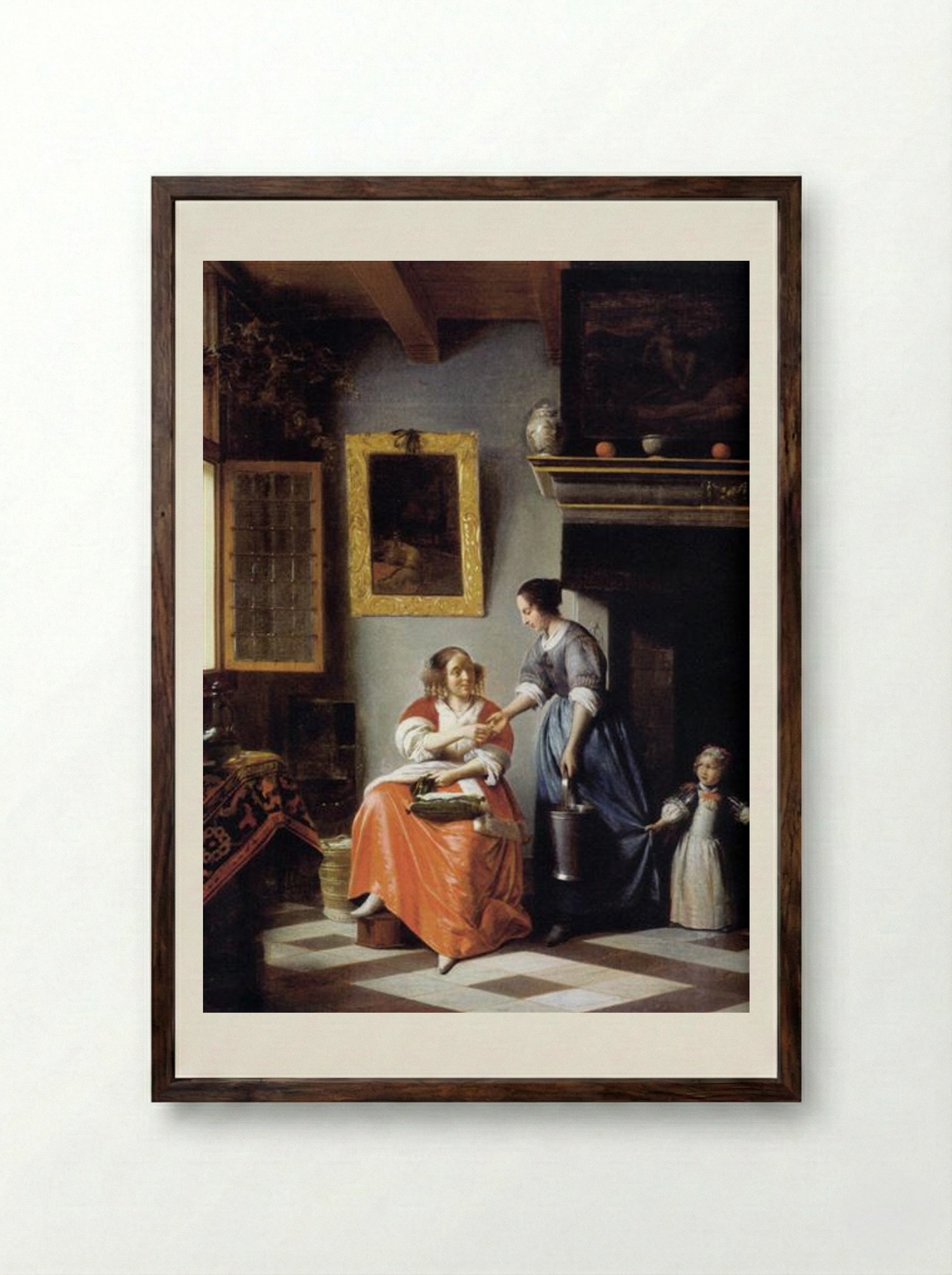 Woman Hands Over Money to Her Servant - Pieter de Hooch - Framed Print Dark Wood
