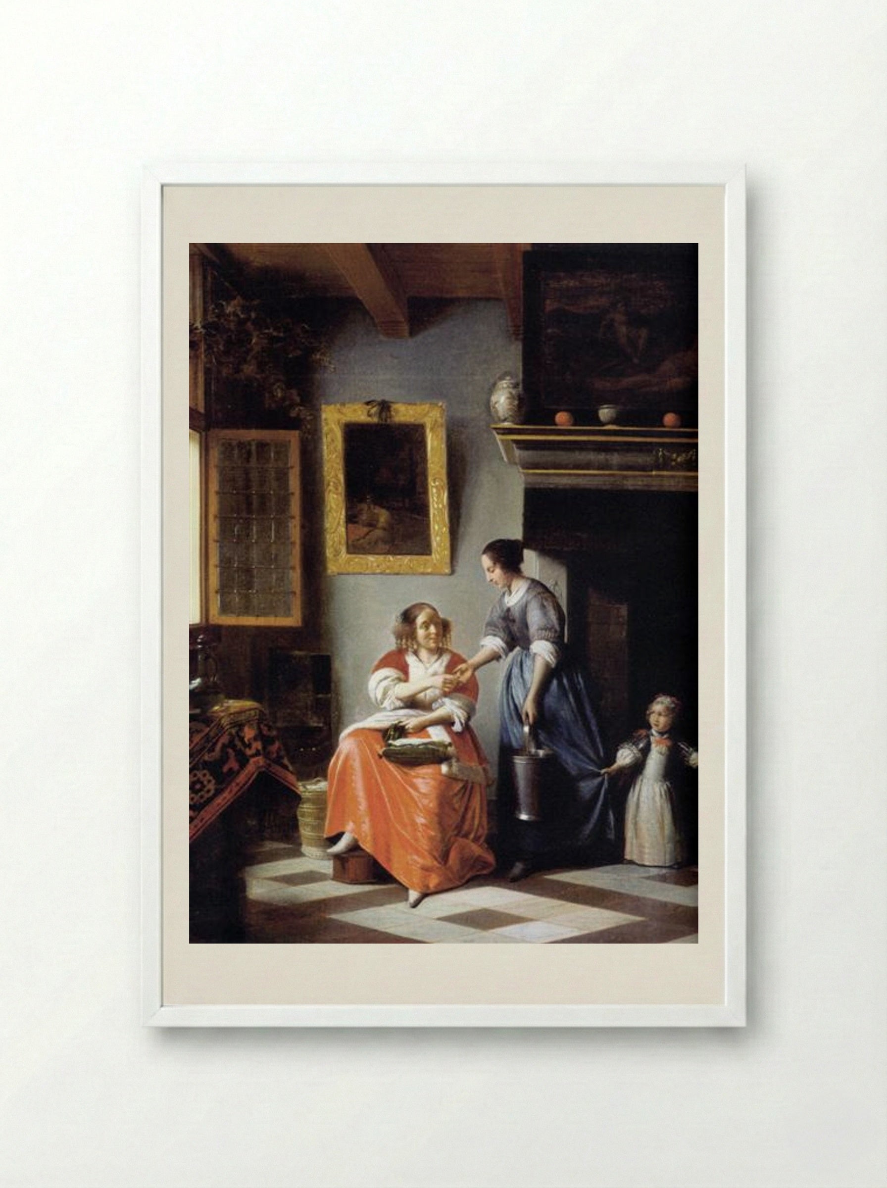 Woman Hands Over Money to Her Servant - Pieter de Hooch - Framed Print White