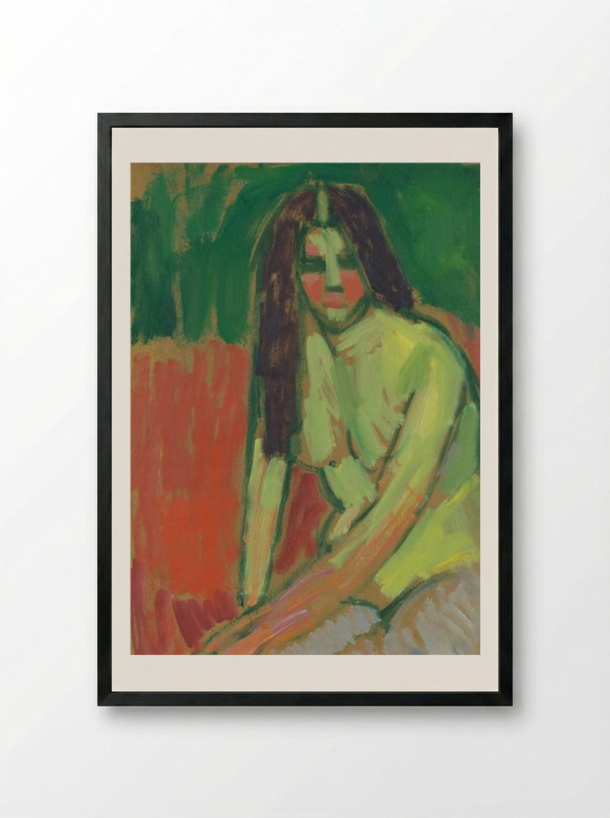Half-nude figure with long hair sitting bent - Alexej von Jawlensky - Framed Print Black