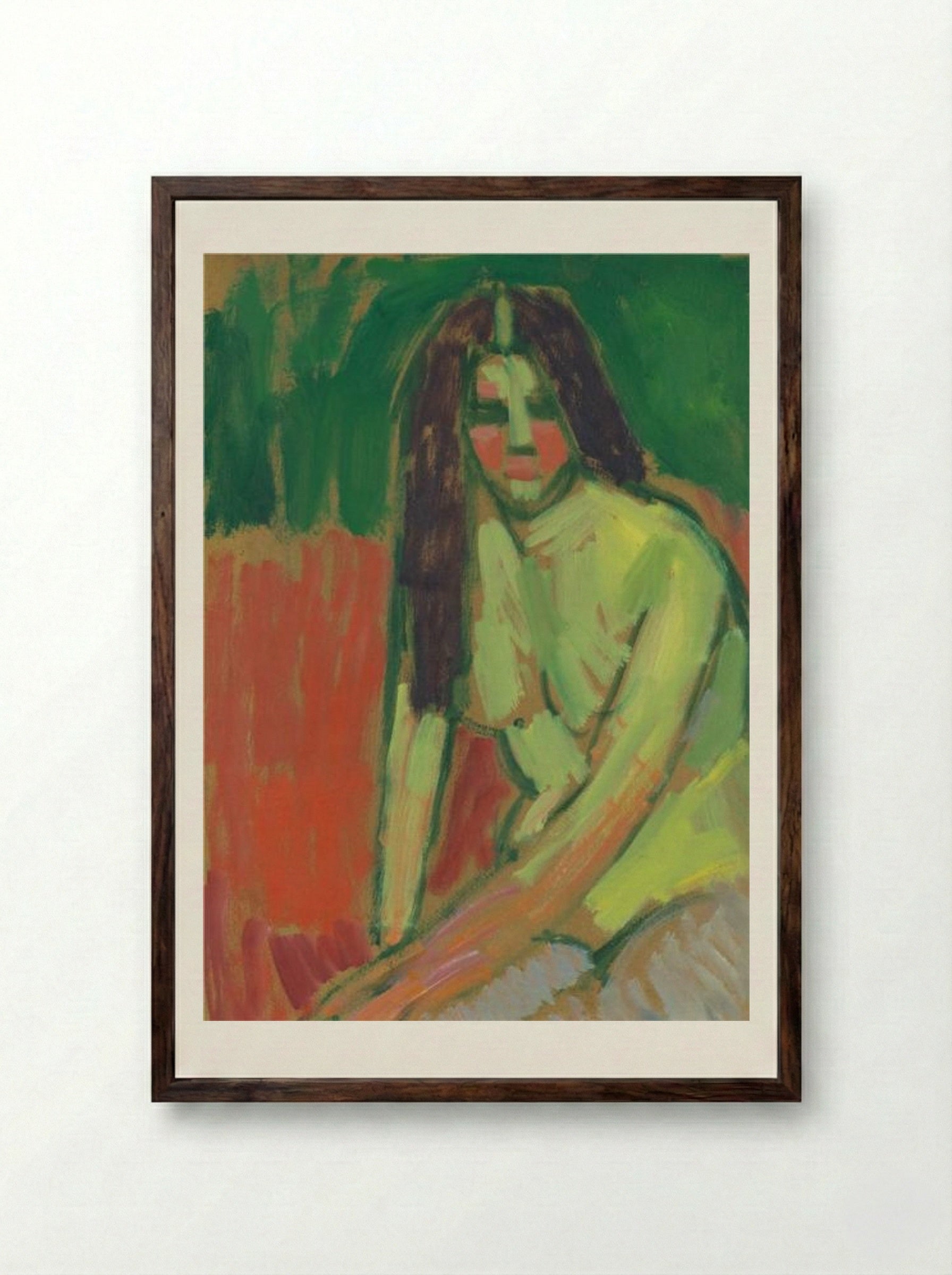 Half-nude figure with long hair sitting bent - Alexej von Jawlensky - Framed Print Dark Wood