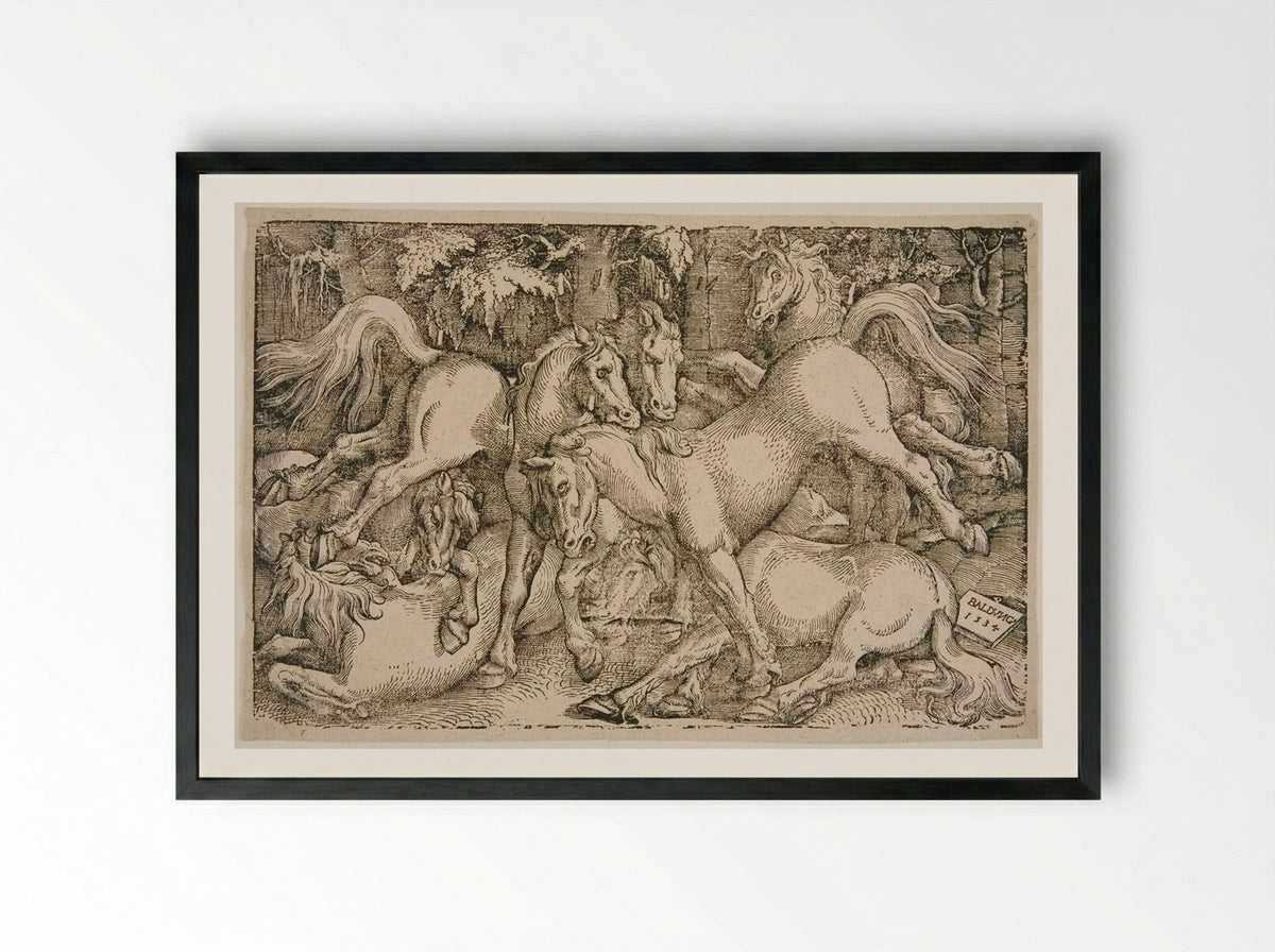 Fighting Wild Horses in a Wood - Hans Baldung Grien - Framed Print Black
