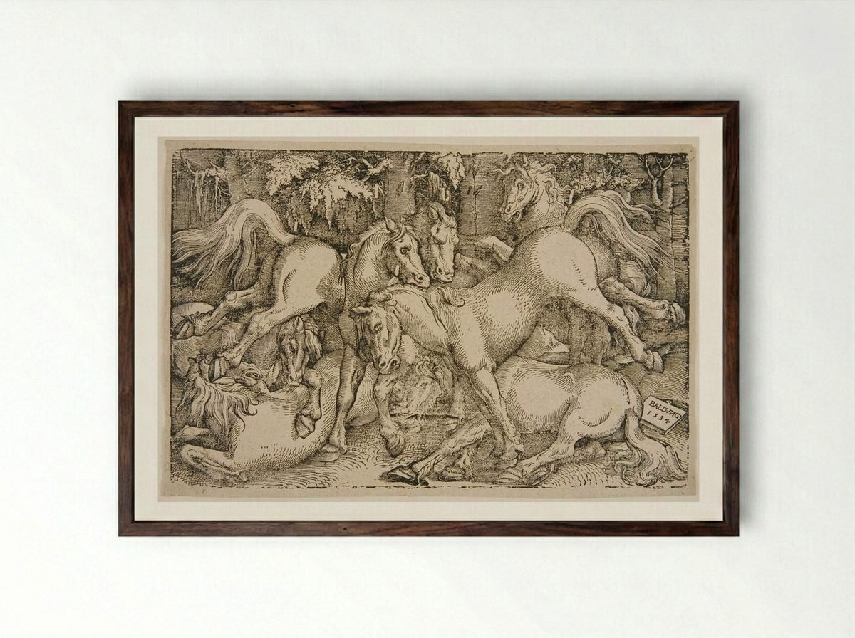 Fighting Wild Horses in a Wood - Hans Baldung Grien - Framed Print Dark Wood