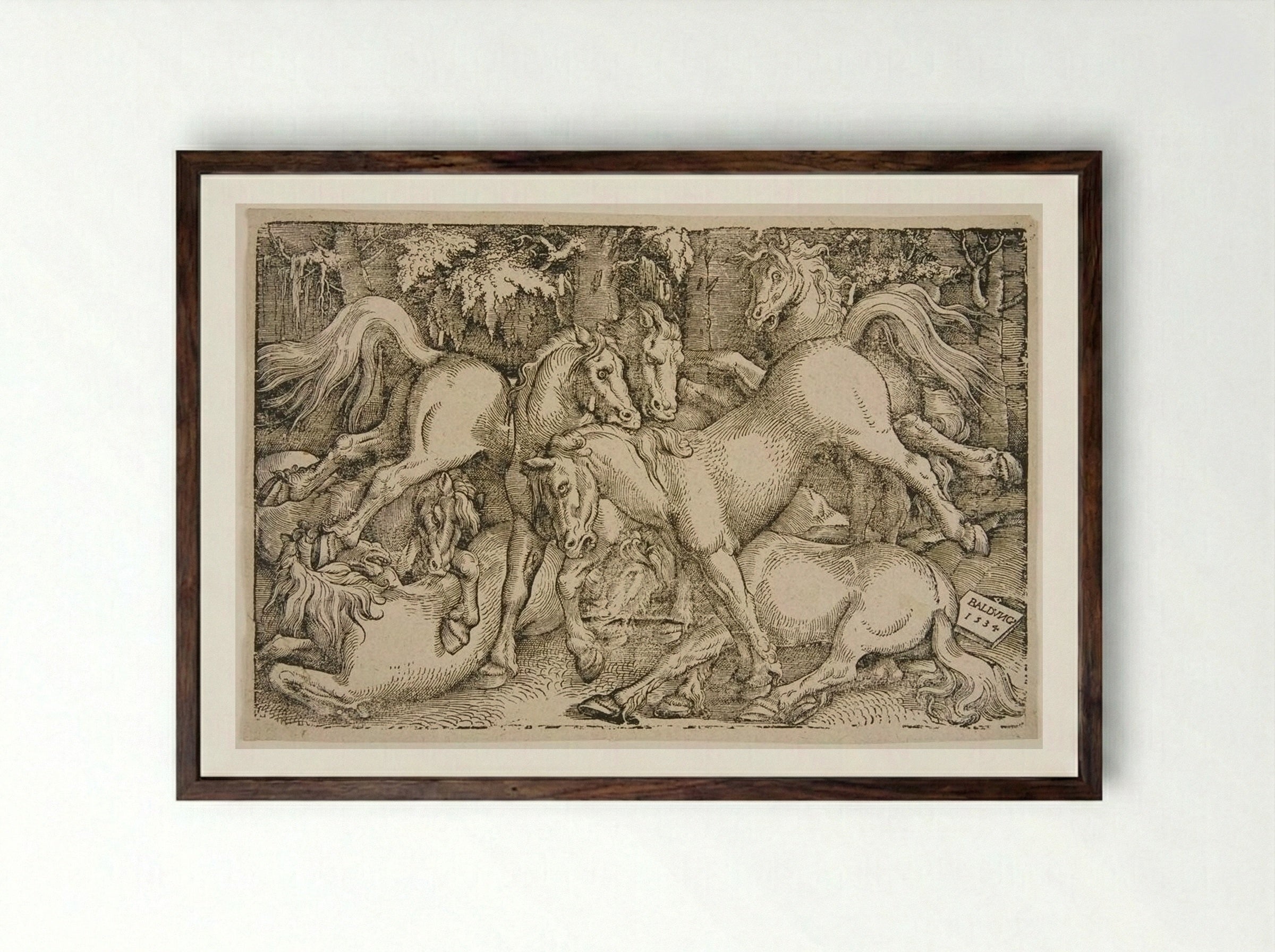 Fighting Wild Horses in a Wood - Hans Baldung Grien - Framed Print Dark Wood