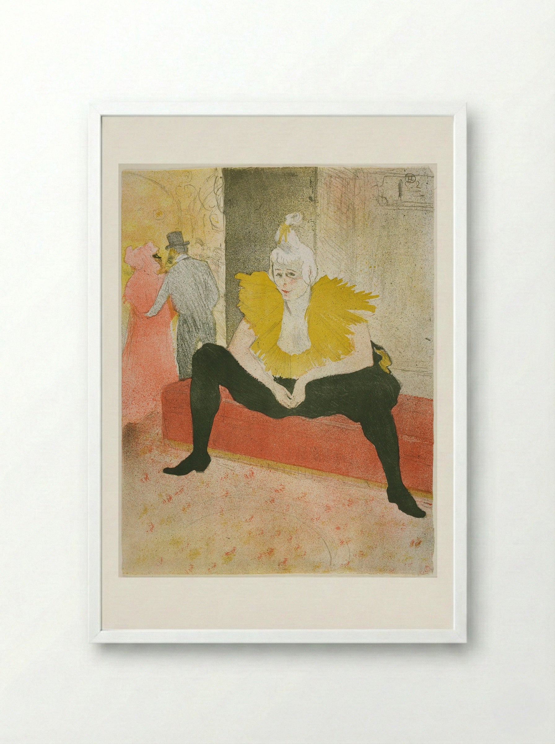 The Seated Clowness (Mademoiselle Cha-u-Kao) - Henri de Toulouse-Lautrec - Framed Print White