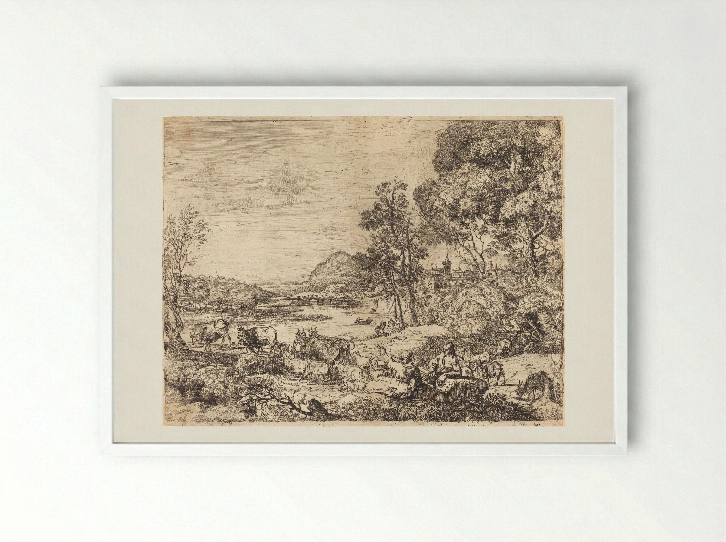 Shepherd and Shepherdess - Claude Lorrain - Framed Print White