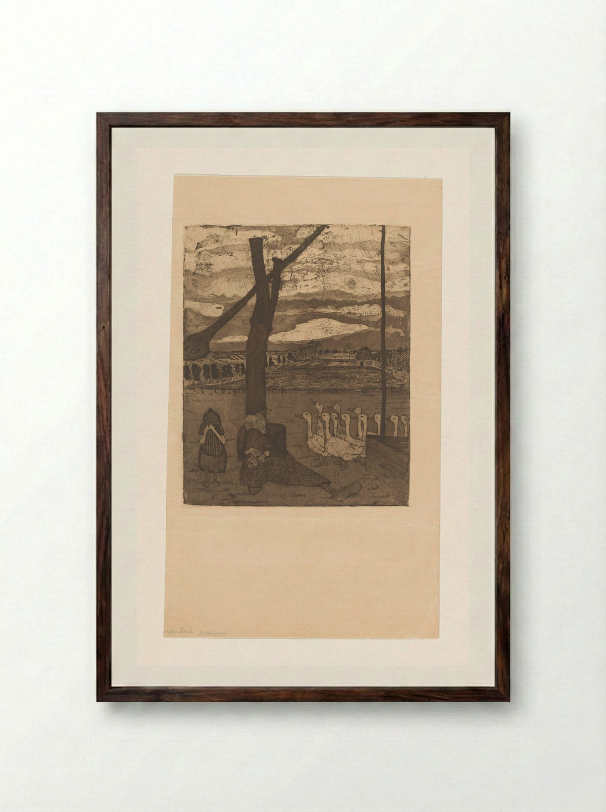 Oude vrouw en meisje treuren bij een waterput - Paula Modersohn-Becker - Framed Print Dark Wood