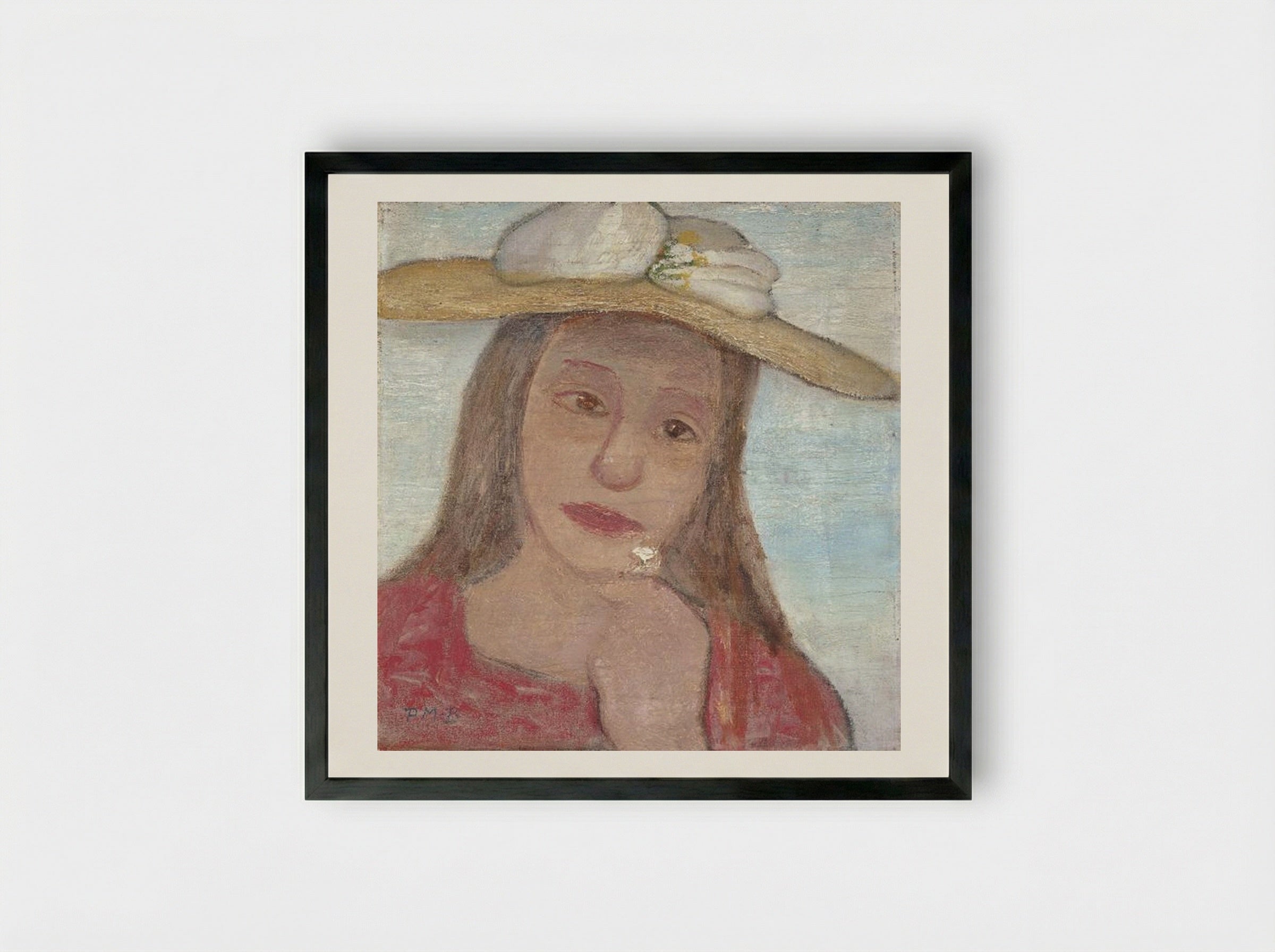 Young Girl With Straw Hat And A Flower In Her Hand - Paula Modersohn-Becker - Framed Print Black