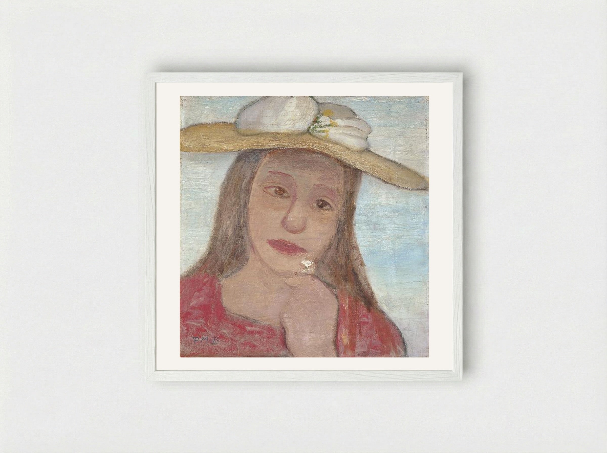 Young Girl With Straw Hat And A Flower In Her Hand - Paula Modersohn-Becker - Framed Print White