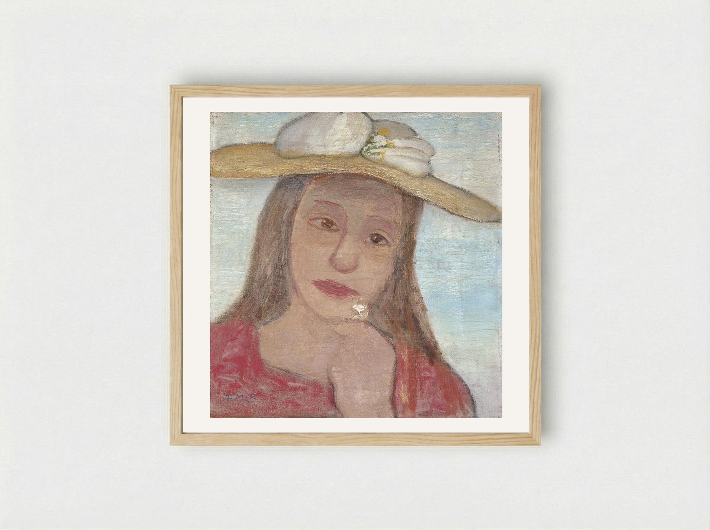 Young Girl With Straw Hat And A Flower In Her Hand - Paula Modersohn-Becker - Framed Print Wood