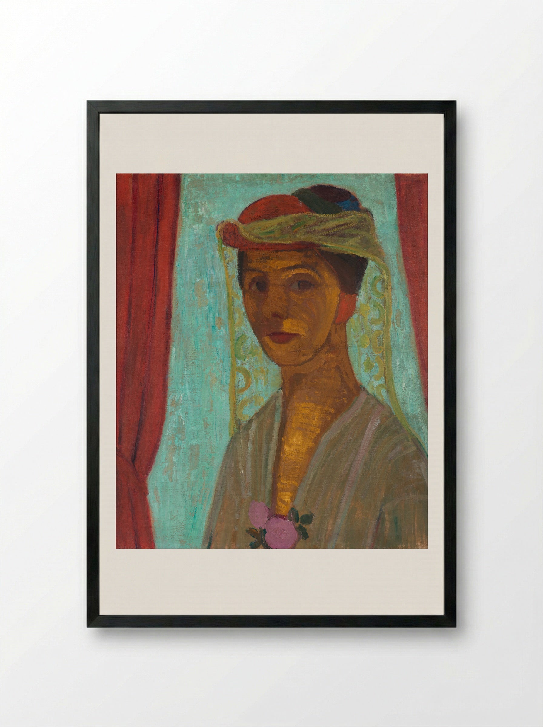 Self-Portrait with Red Flower Wreath and Chain - Paula Modersohn-Becker - Framed Print Black