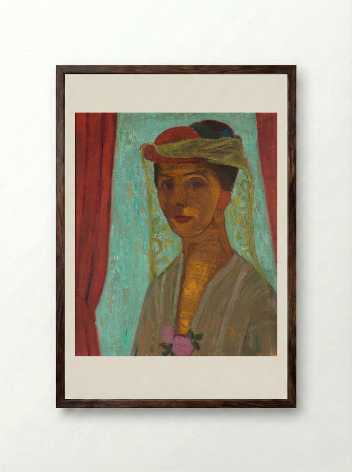 Self-Portrait with Red Flower Wreath and Chain - Paula Modersohn-Becker - Framed Print Dark Wood