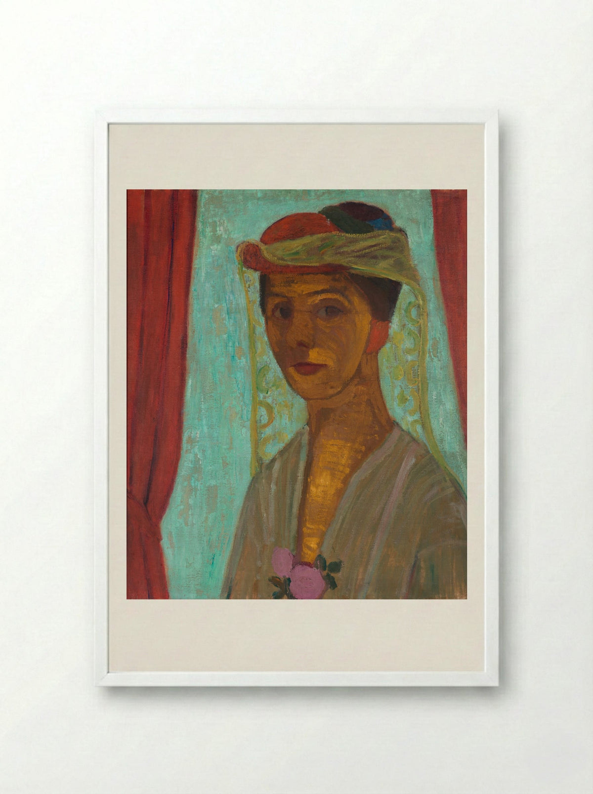 Self-Portrait with Red Flower Wreath and Chain - Paula Modersohn-Becker - Framed Print White