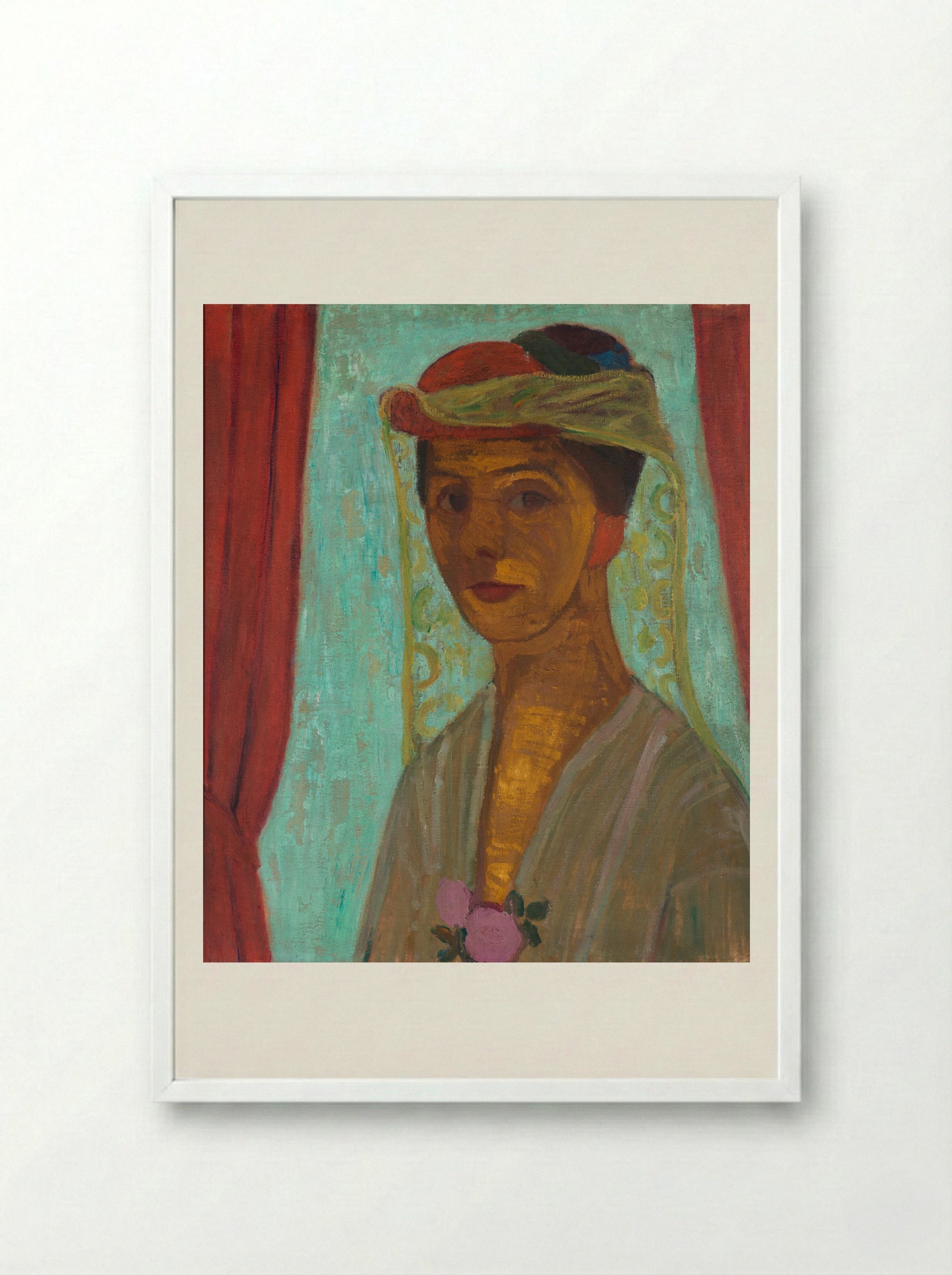 Self-Portrait with Red Flower Wreath and Chain - Paula Modersohn-Becker - Framed Print White