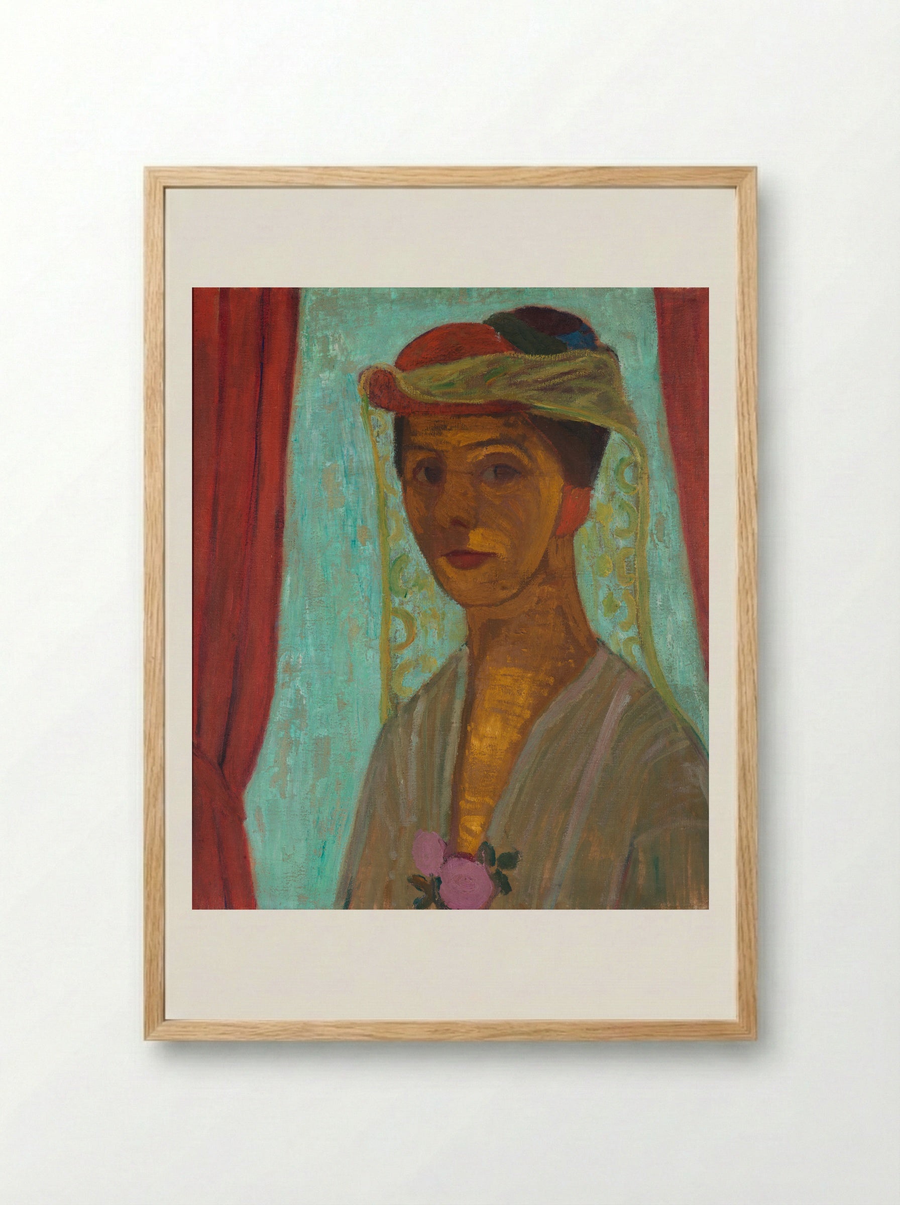 Self-Portrait with Red Flower Wreath and Chain - Paula Modersohn-Becker - Framed Print Wood