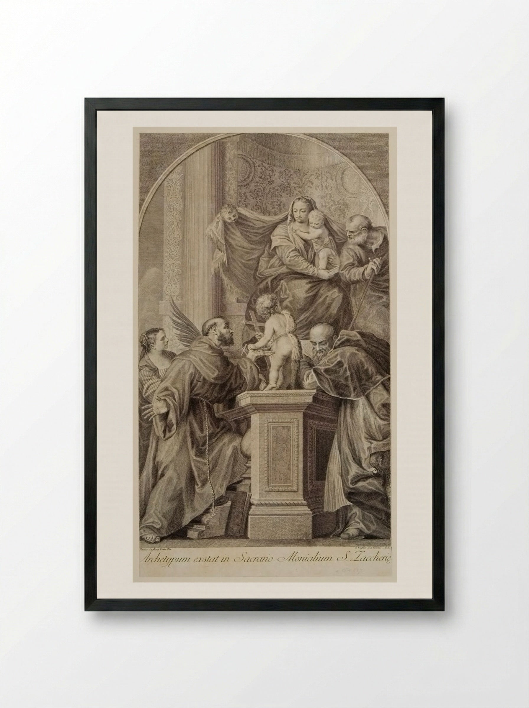 Madonna Enthroned, with the Infant Saint John, Saint Francis, Saint Jerome, and Saint Catherine - Joseph Wagner - Framed Print Black