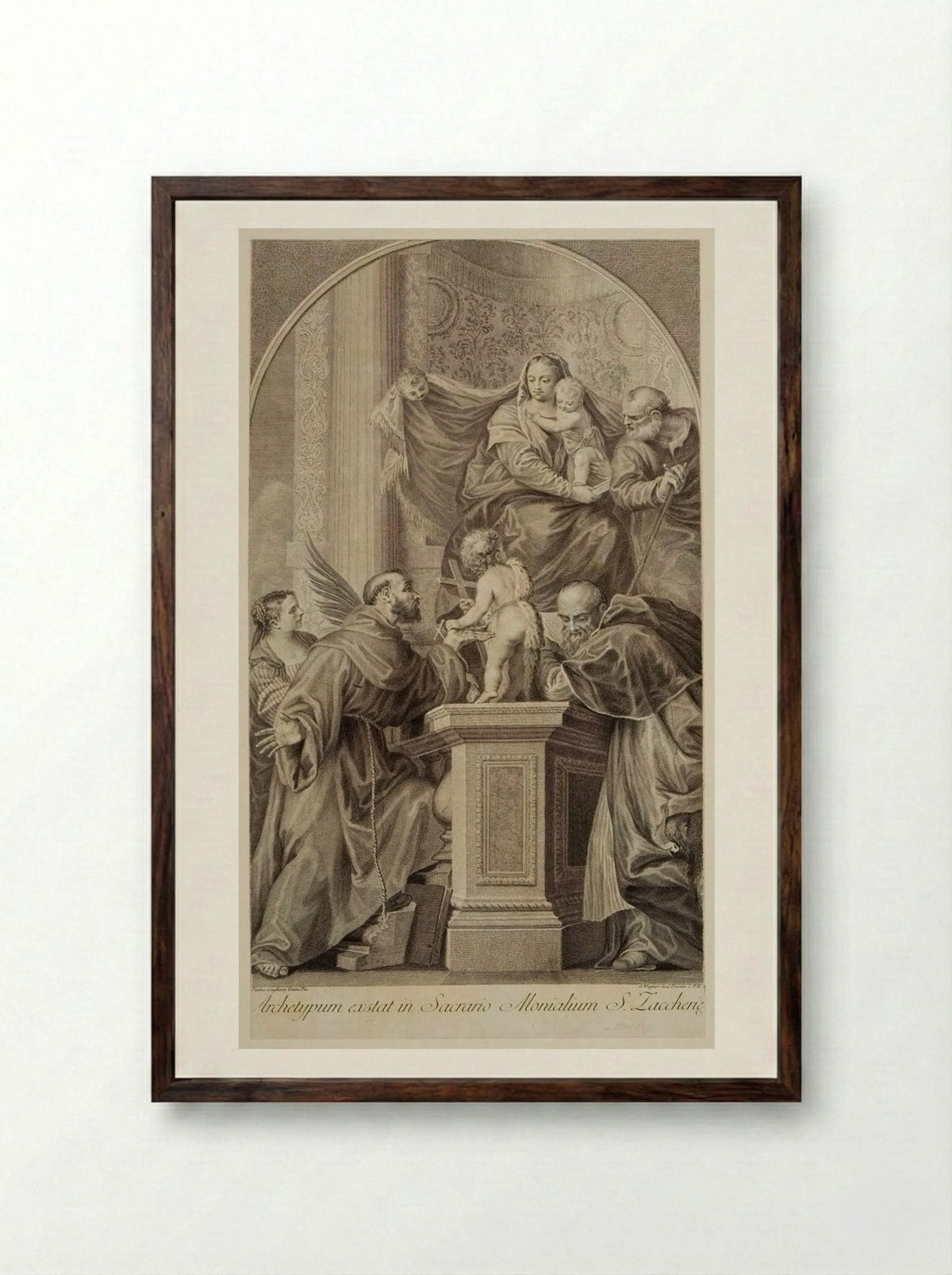 Madonna Enthroned, with the Infant Saint John, Saint Francis, Saint Jerome, and Saint Catherine - Joseph Wagner - Framed Print Dark Wood