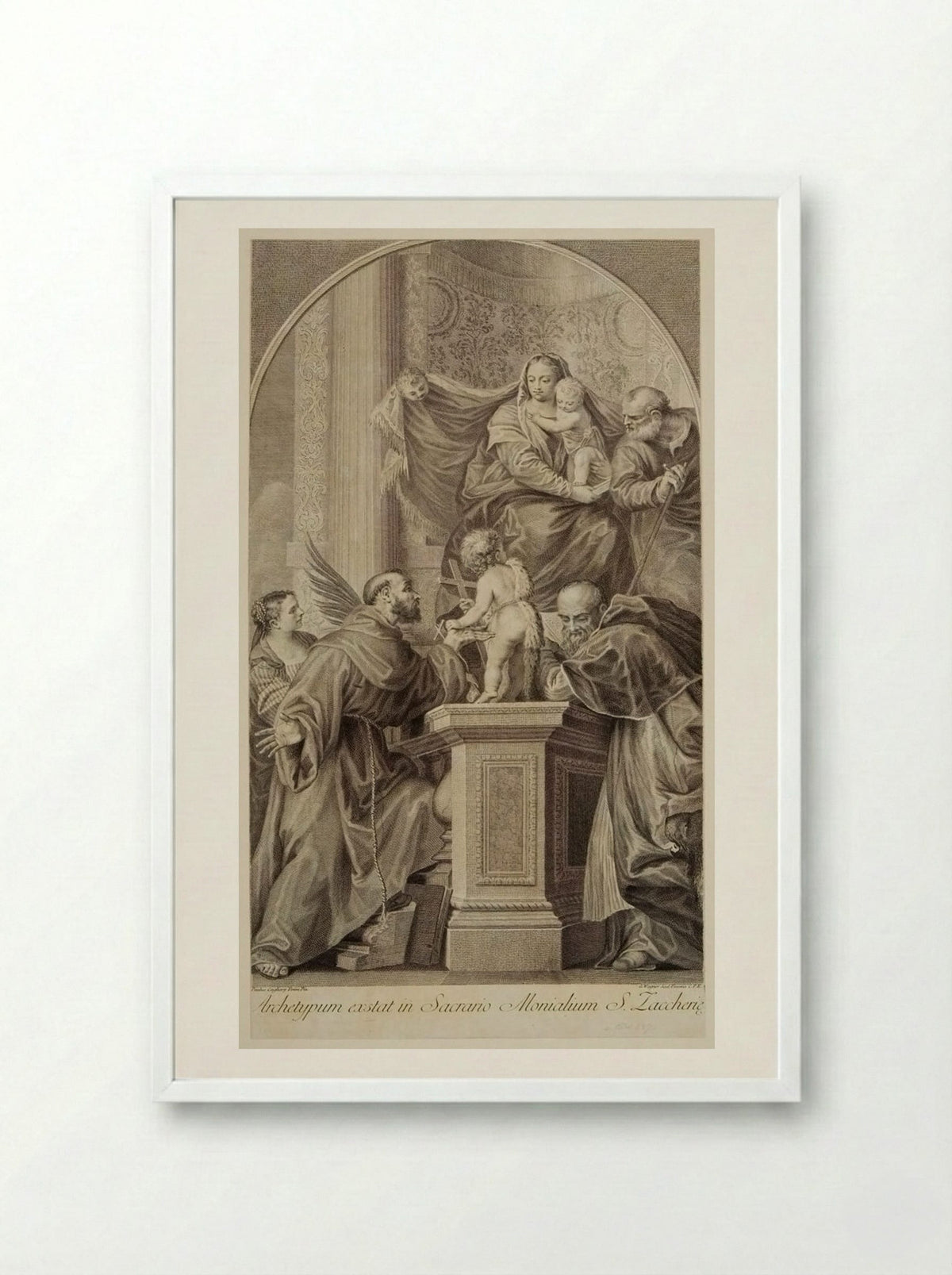 Madonna Enthroned, with the Infant Saint John, Saint Francis, Saint Jerome, and Saint Catherine - Joseph Wagner - Framed Print White