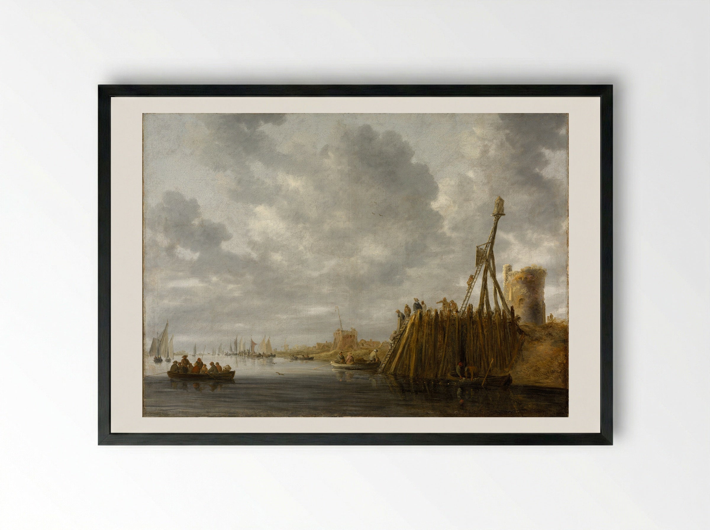 Harbor Scene with a Watchtower and Beacon - Jan van Goyen - Framed Print Black
