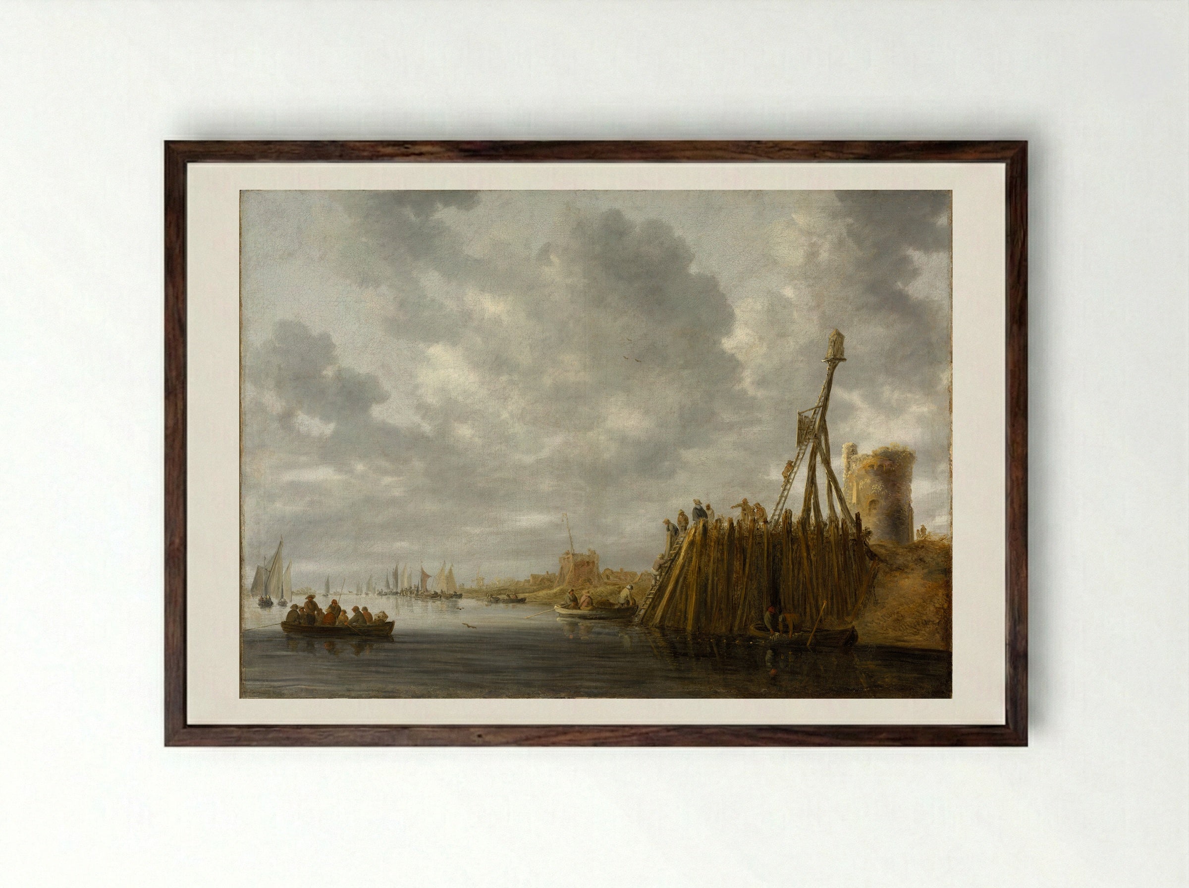 Harbor Scene with a Watchtower and Beacon - Jan van Goyen - Framed Print Dark Wood