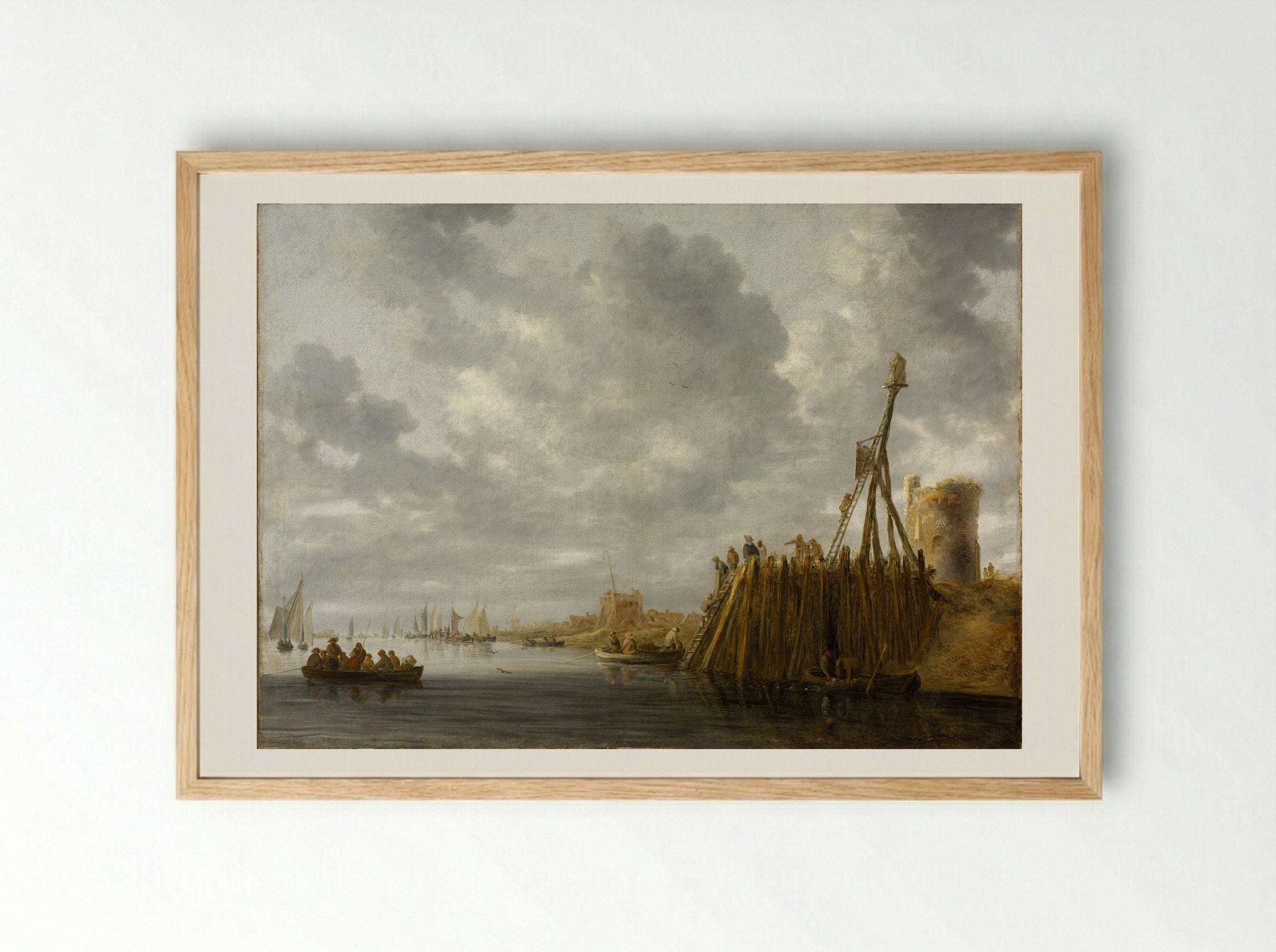 Harbor Scene with a Watchtower and Beacon - Jan van Goyen - Framed Print Wood