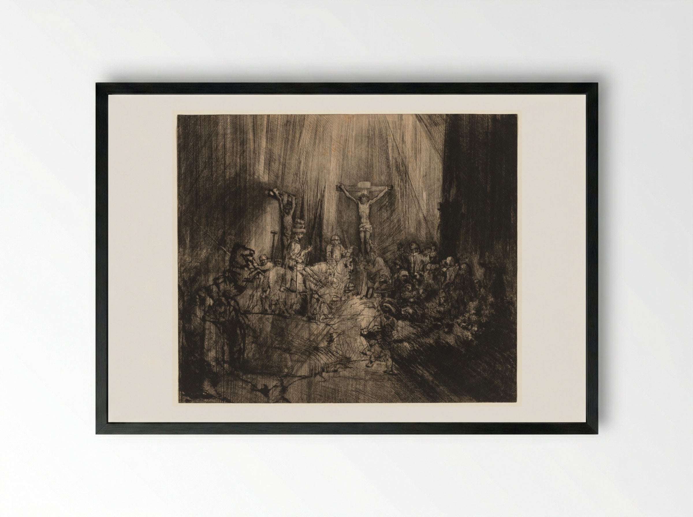 Christ Crucified Between the Two Thieves: 'The Three Crosses' - Rembrandt van Rijn - Framed Print Black