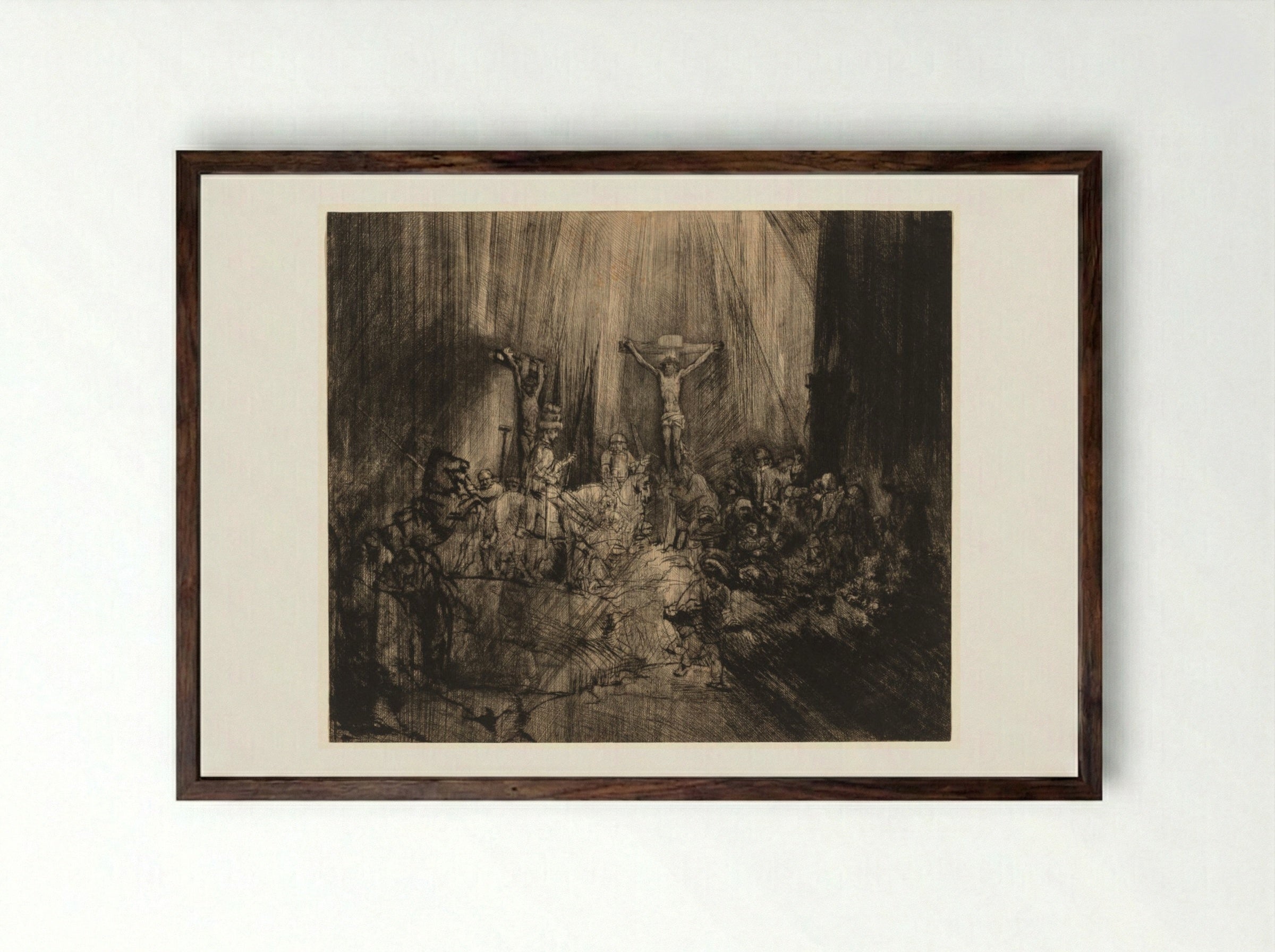 Christ Crucified Between the Two Thieves: 'The Three Crosses' - Rembrandt van Rijn - Framed Print Dark Wood