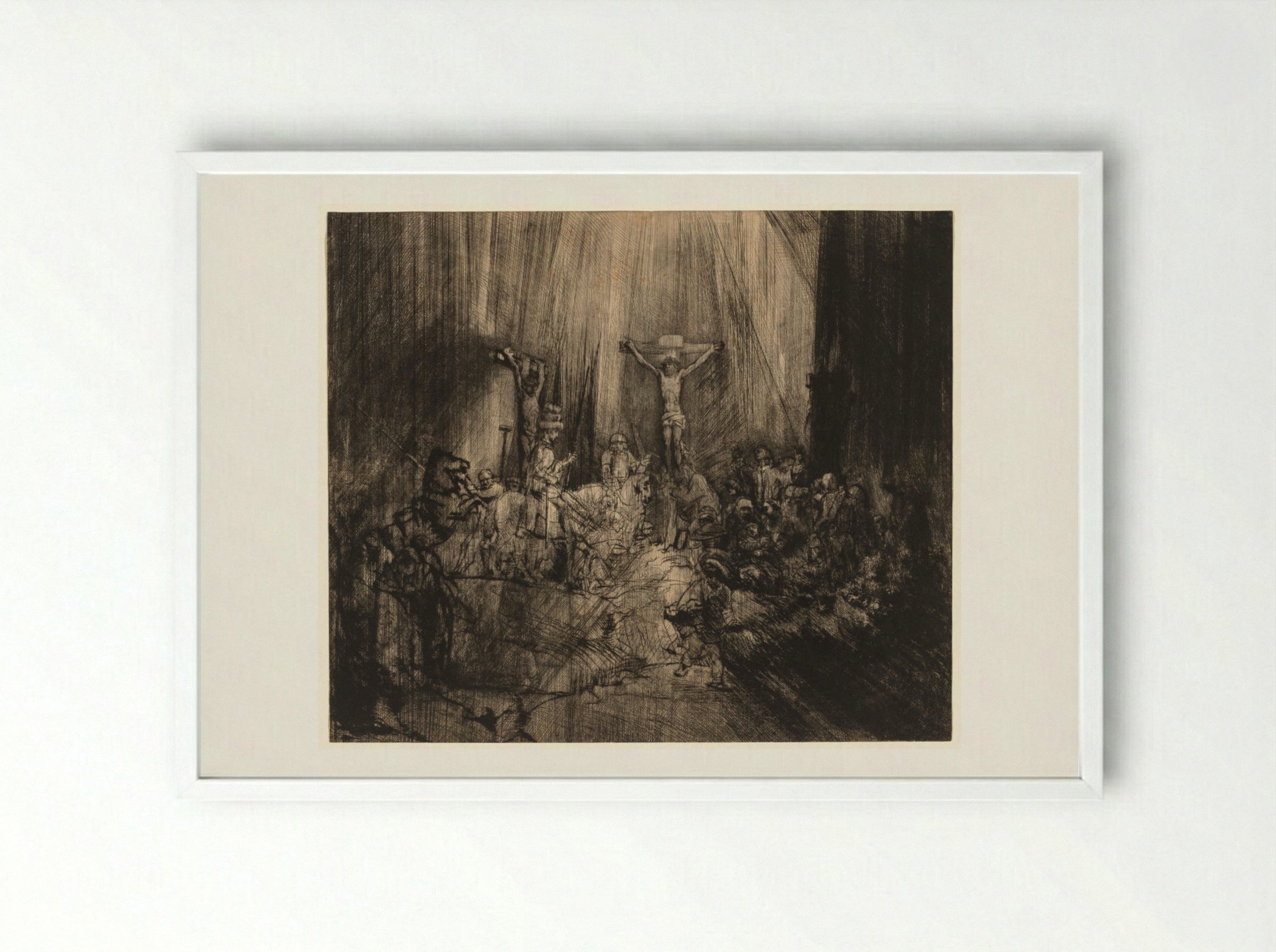 Christ Crucified Between the Two Thieves: 'The Three Crosses' - Rembrandt van Rijn - Framed Print White