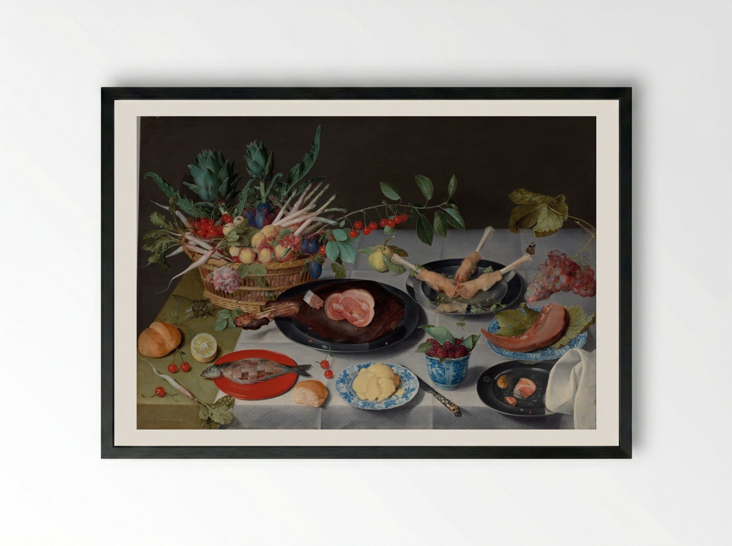 Still Life with Meat, Fish, Vegetables, and Fruit - Jacob van Hulsdonck - Framed Print Black