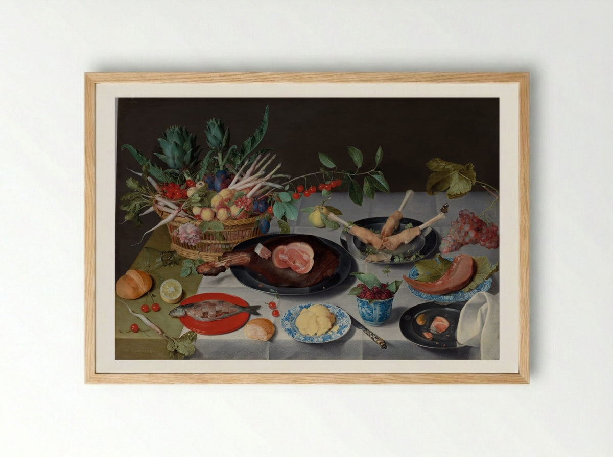 Still Life with Meat, Fish, Vegetables, and Fruit - Jacob van Hulsdonck - Framed Print Wood