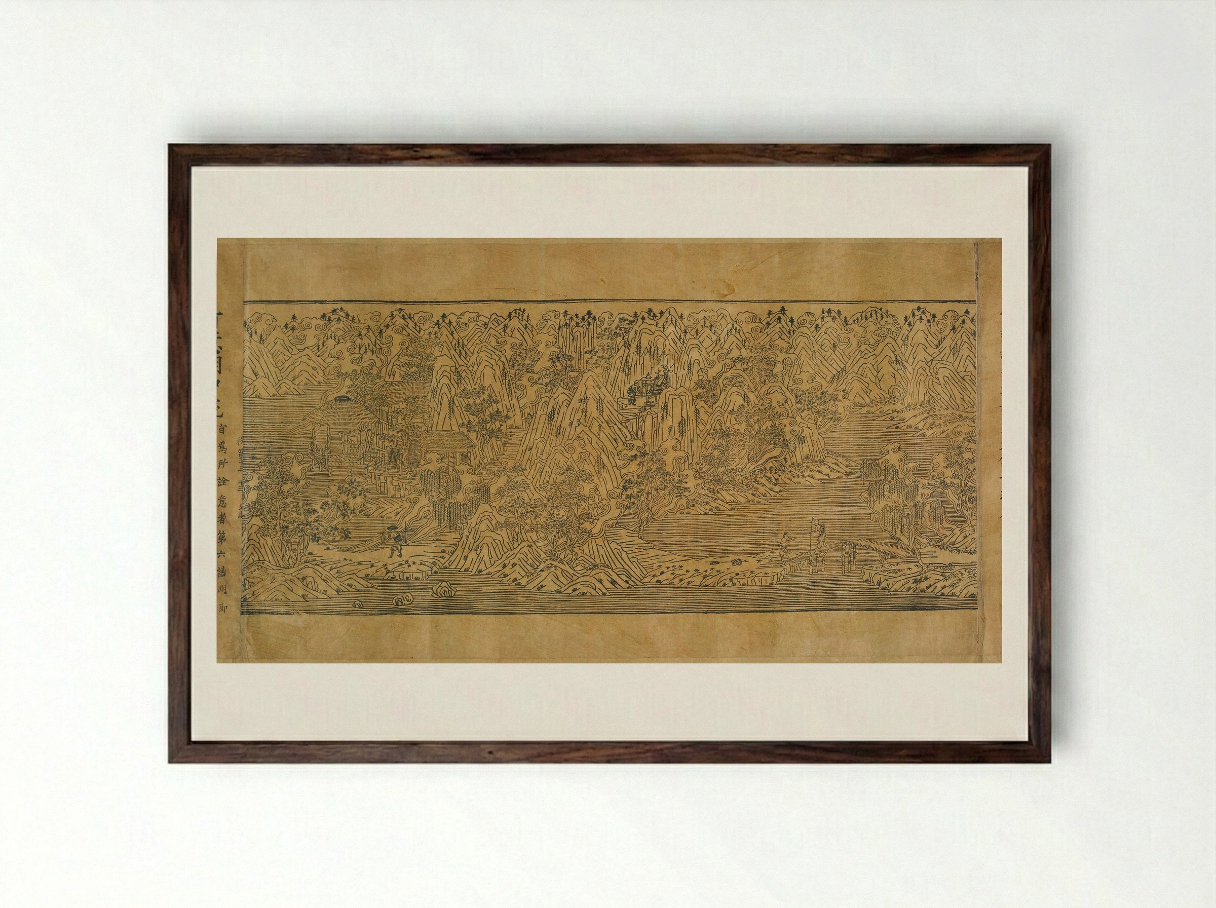 Landscape Illustration from the Imperial Commentary on the Buddhist Canon - Unknown Artist - Framed Print Dark Wood
