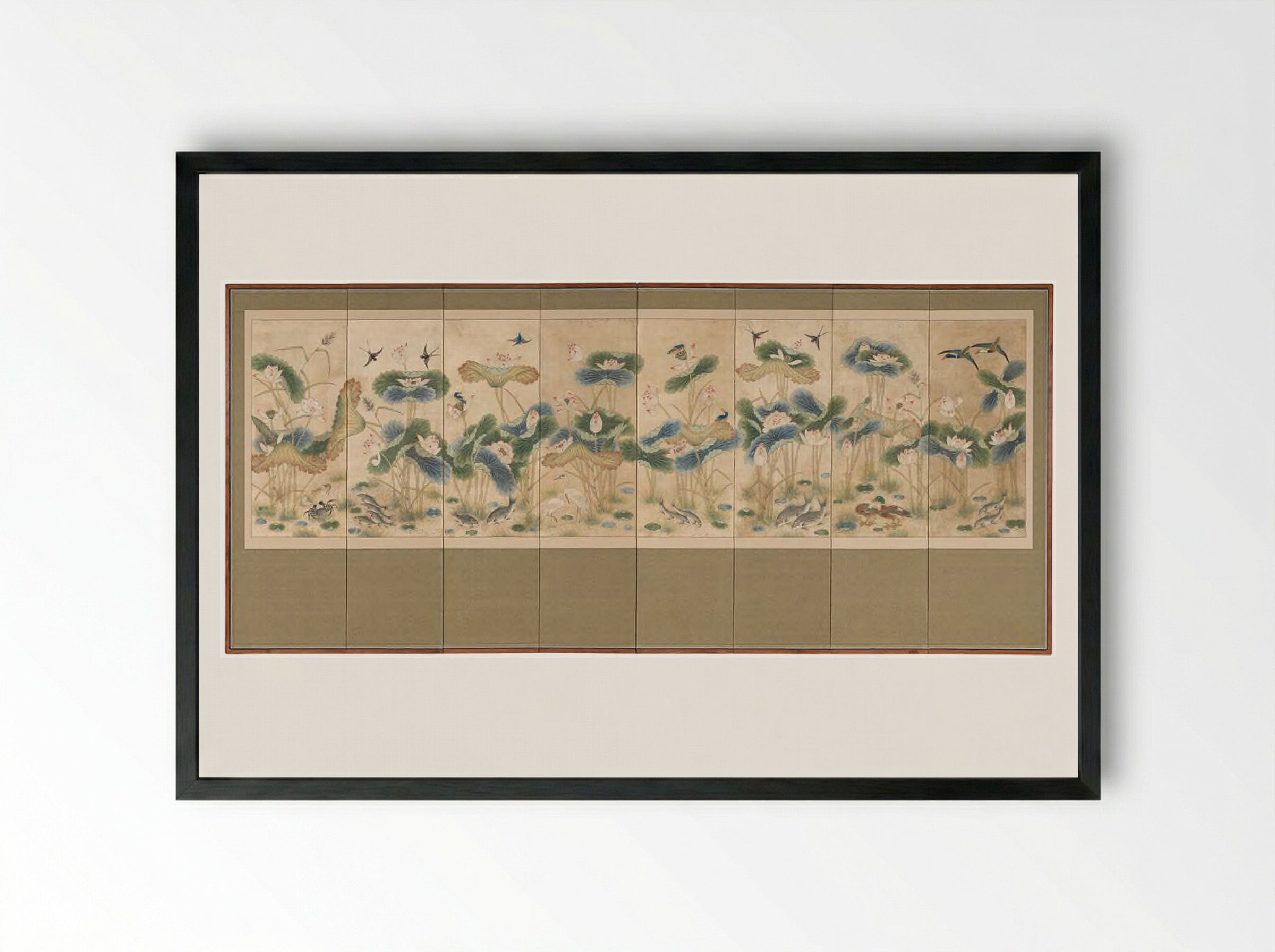 Lotuses and Birds - Unknown Artist - Framed Print Black