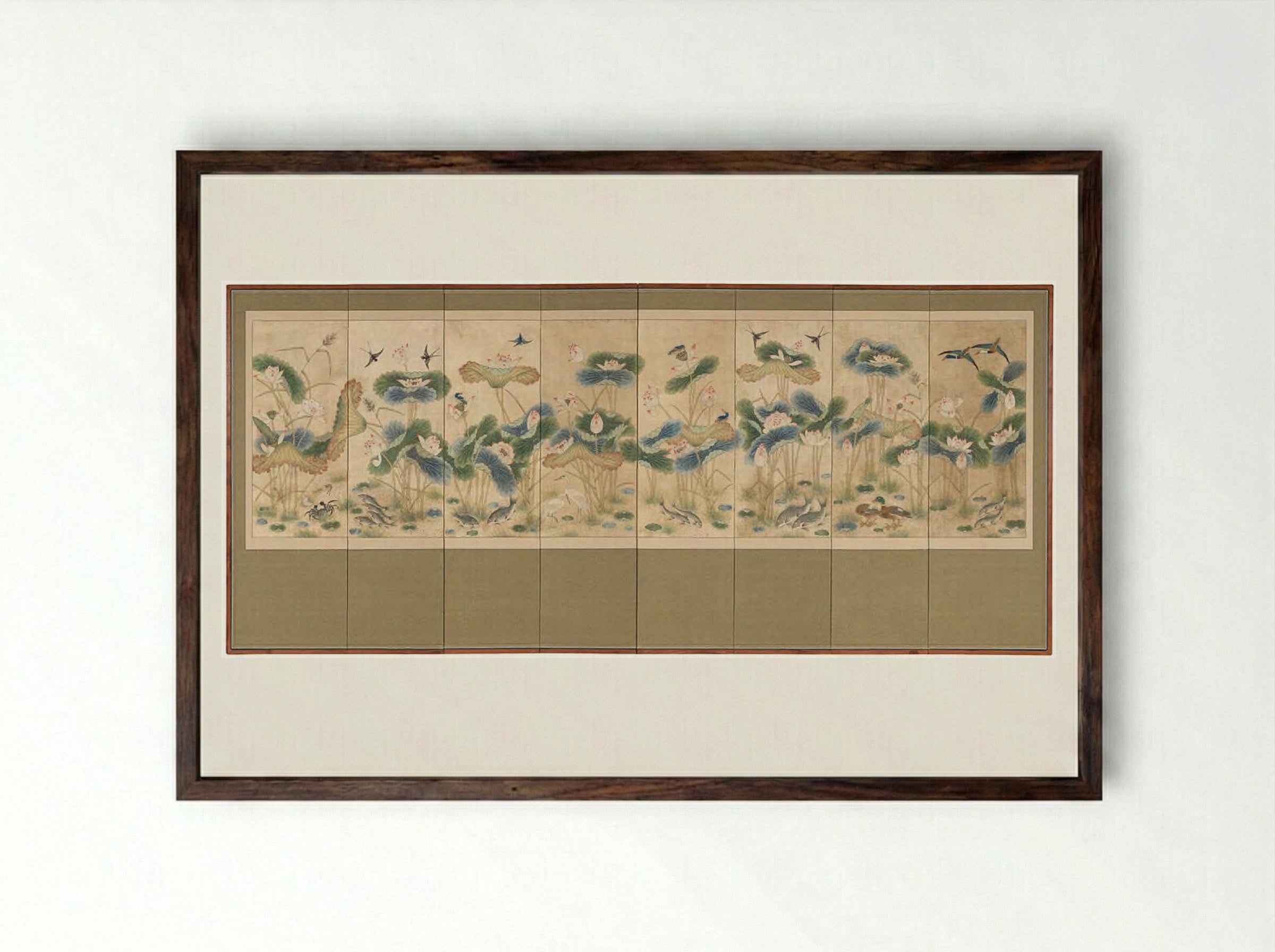 Lotuses and Birds - Unknown Artist - Framed Print Dark Wood