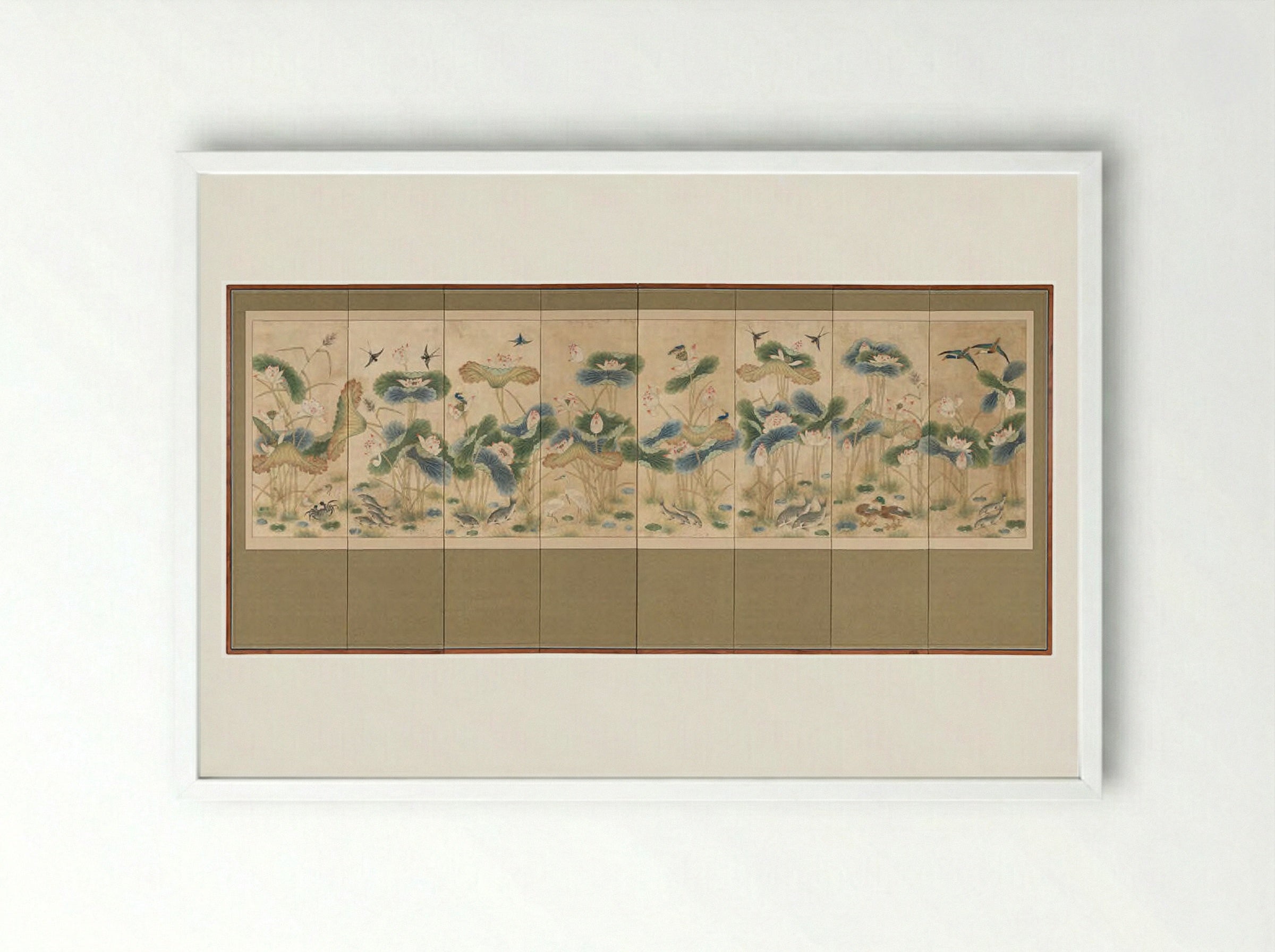 Lotuses and Birds - Unknown Artist - Framed Print White