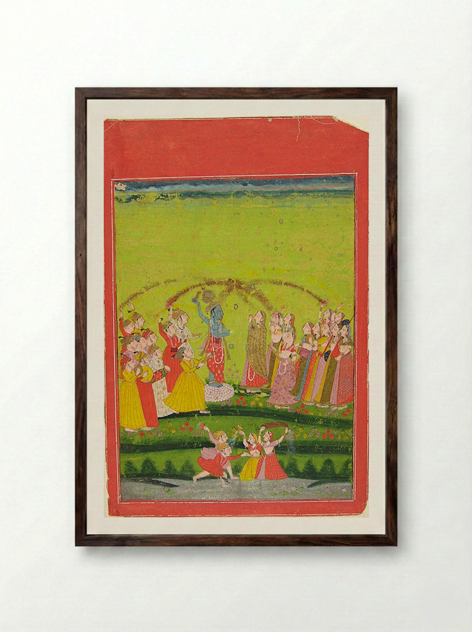Radha and Krishna Celebrating Holi - Unknown Artist - Framed Print Dark Wood