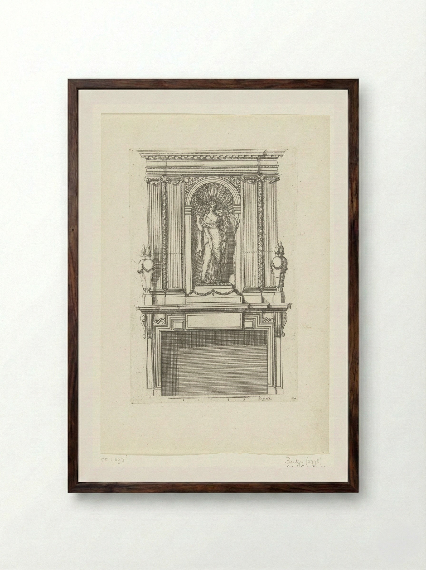 Untitled (Fireplace Design with Female Figure in a Niche) - Fine Art Print - Framed Print Dark Wood