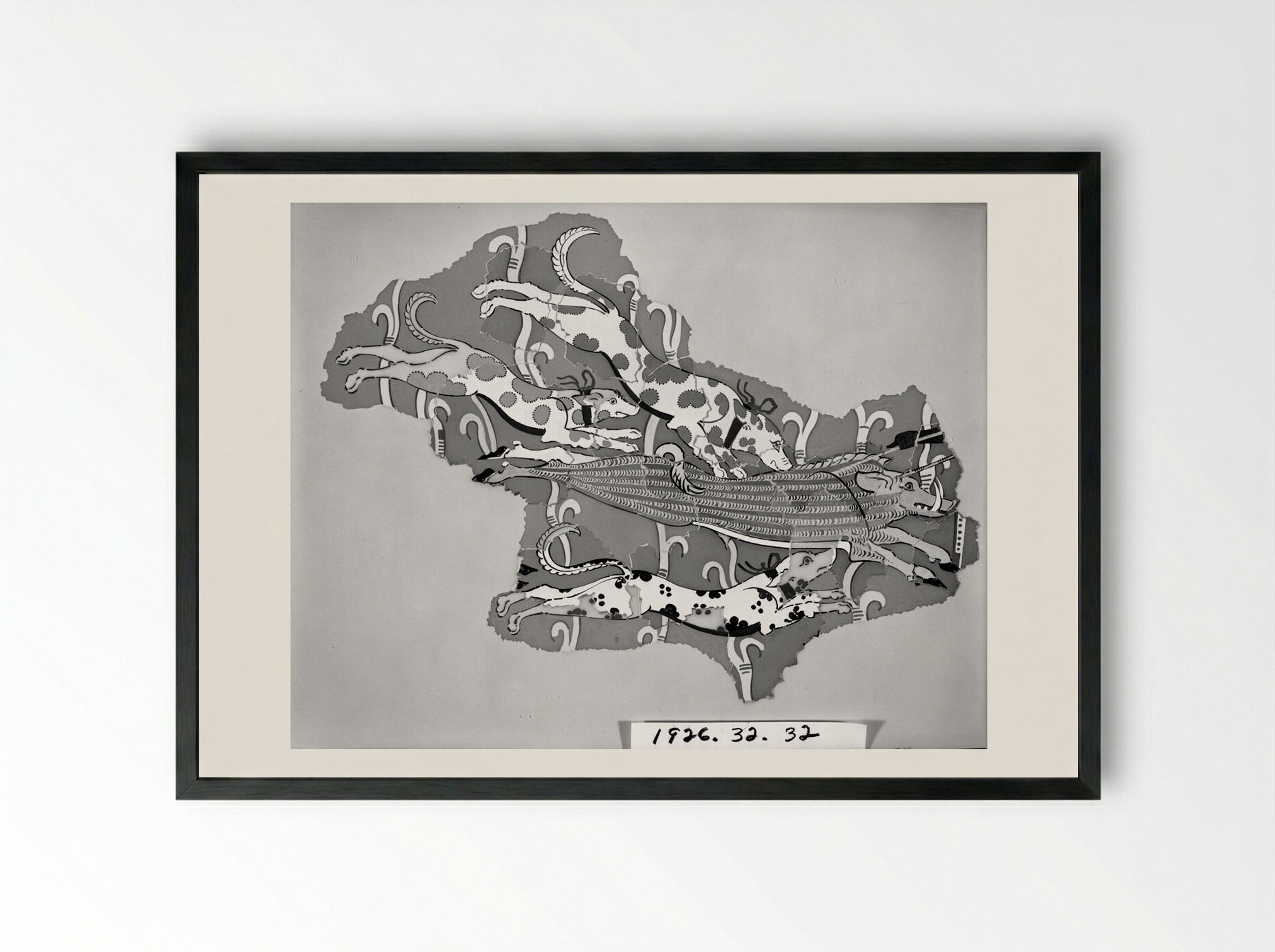 Dogs Attacking a Boar (after a fresco from the Palace of Tiryns) - Fine Art Print - Framed Print Black
