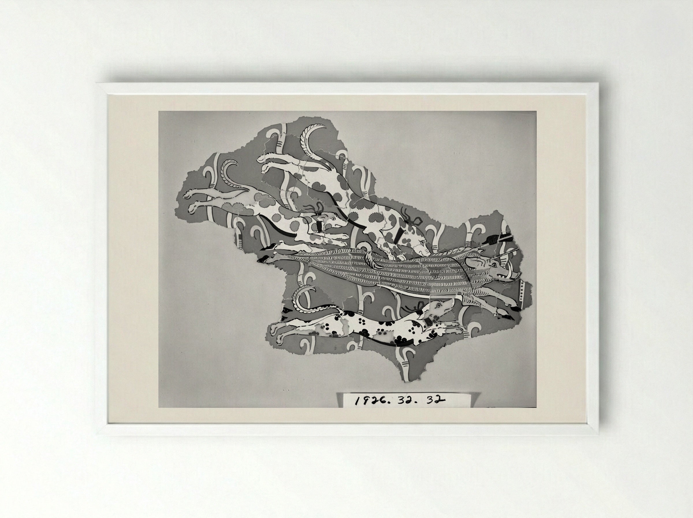 Dogs Attacking a Boar (after a fresco from the Palace of Tiryns) - Fine Art Print - Framed Print White