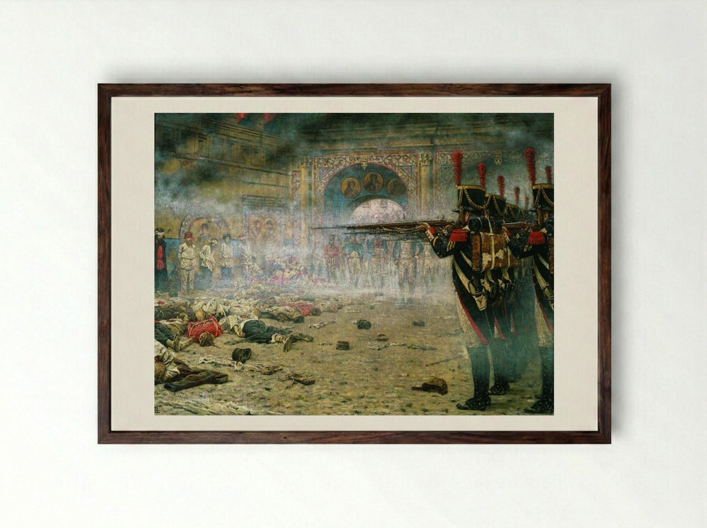 In Defeated Moscow (Arsonists or Shooting in the Kremlin) - Vasily Vereshchagin - Framed Print Dark Wood