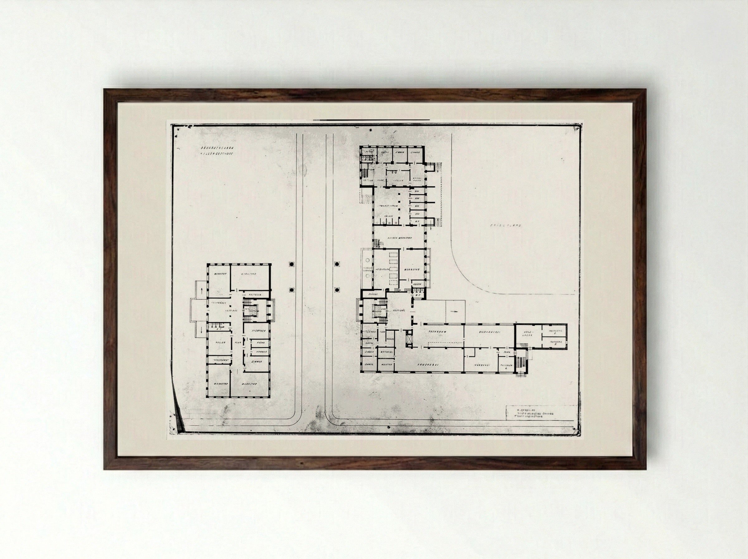 Bauhaus Building, Dessau: Basement Plan - Walter Gropius - Framed Print Dark Wood