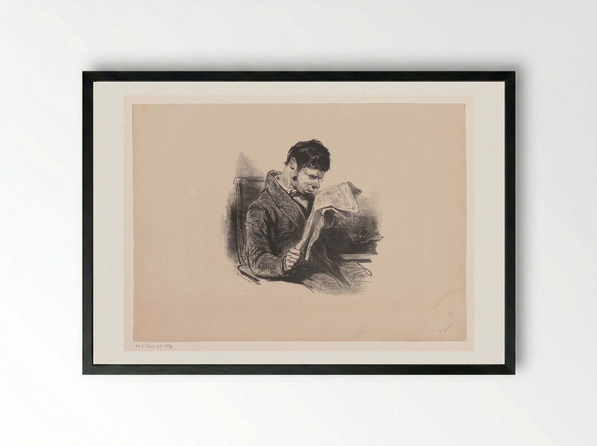 Man in a Dressing Gown, Reading the Newspaper - Paul Gavarni - Framed Print Black