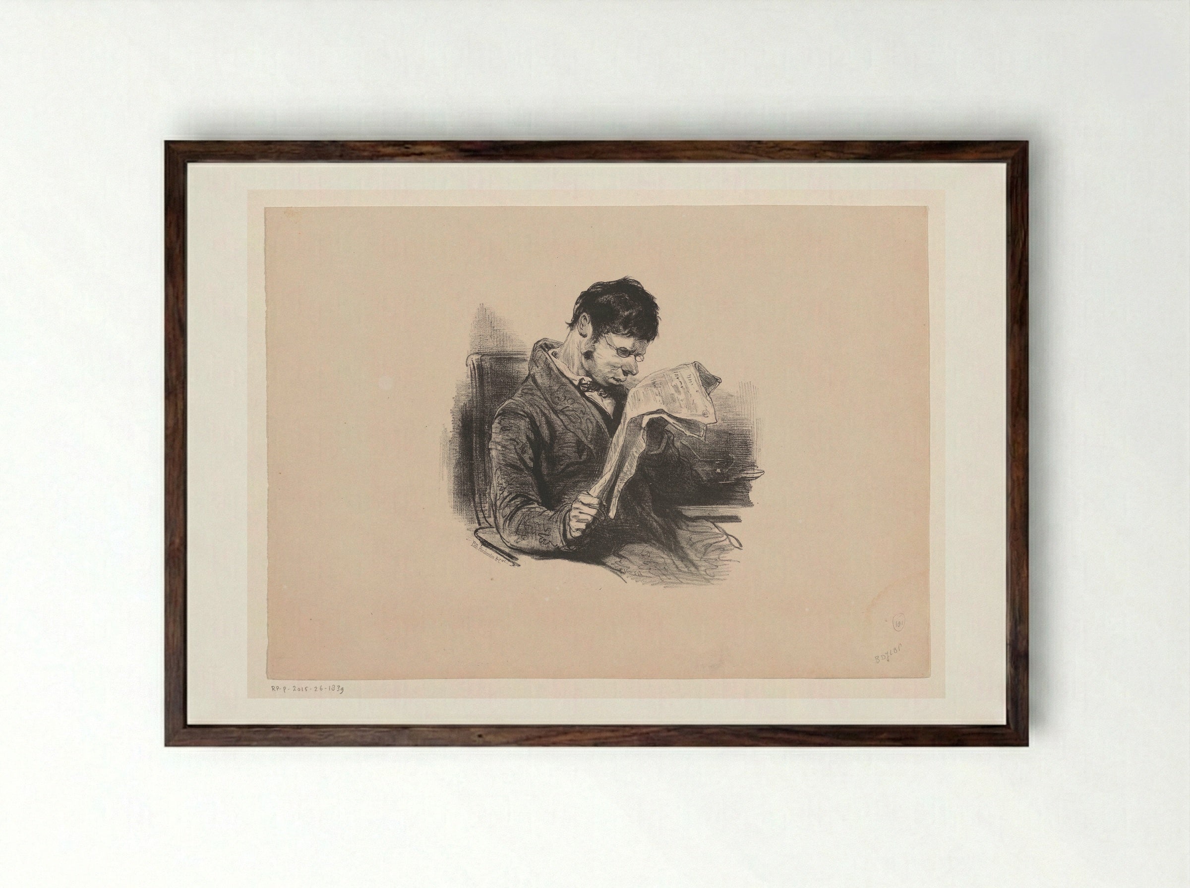 Man in a Dressing Gown, Reading the Newspaper - Paul Gavarni - Framed Print Dark Wood
