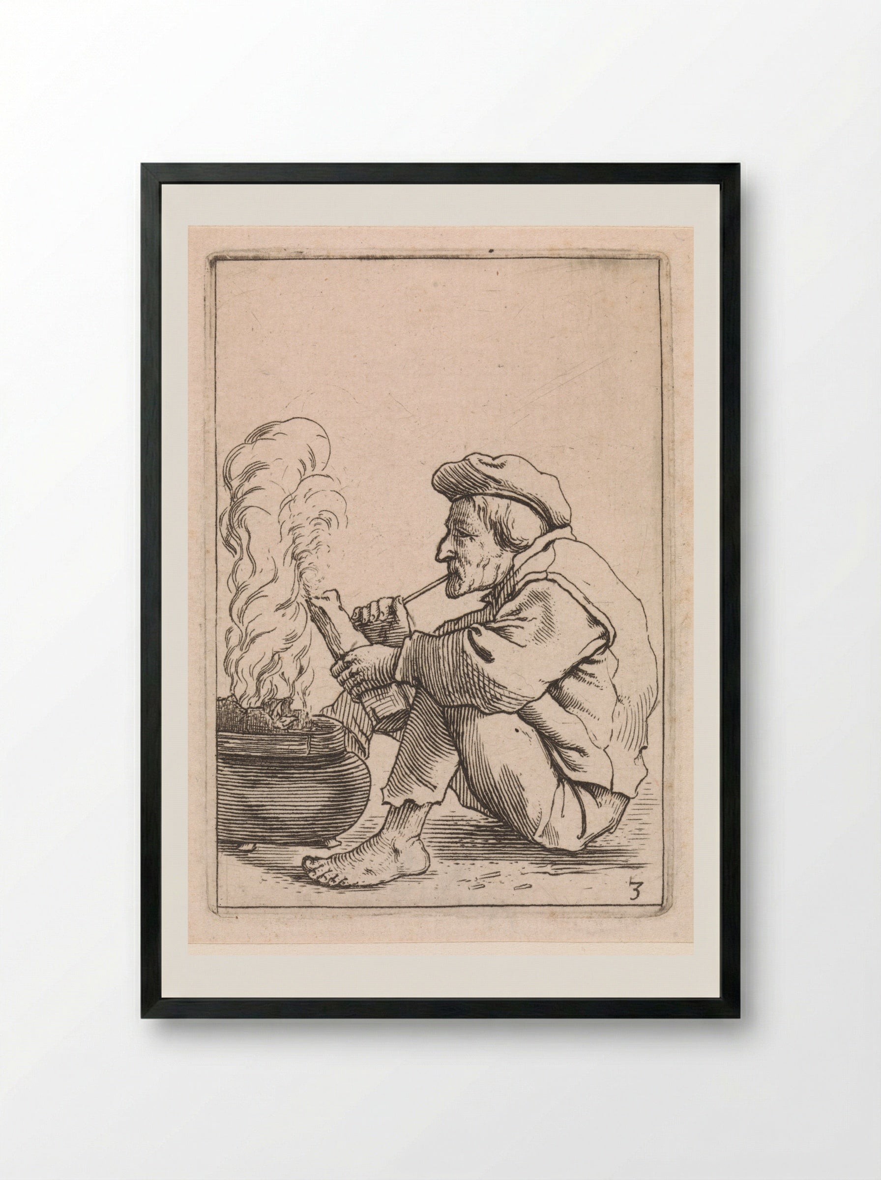 Zittende boer met pijp voor een dampende ketel - Cornelis Saftleven - Framed Print Black