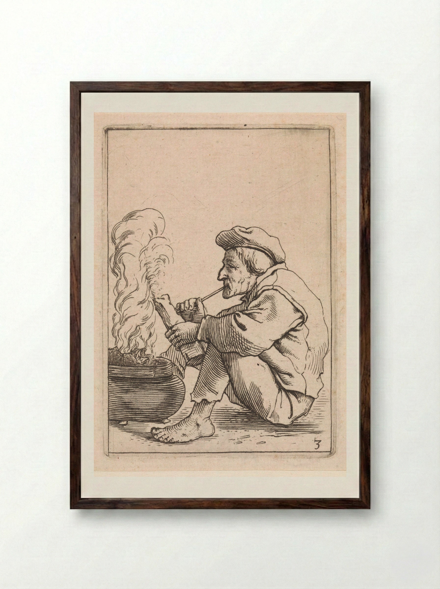 Zittende boer met pijp voor een dampende ketel - Cornelis Saftleven - Framed Print Dark Wood
