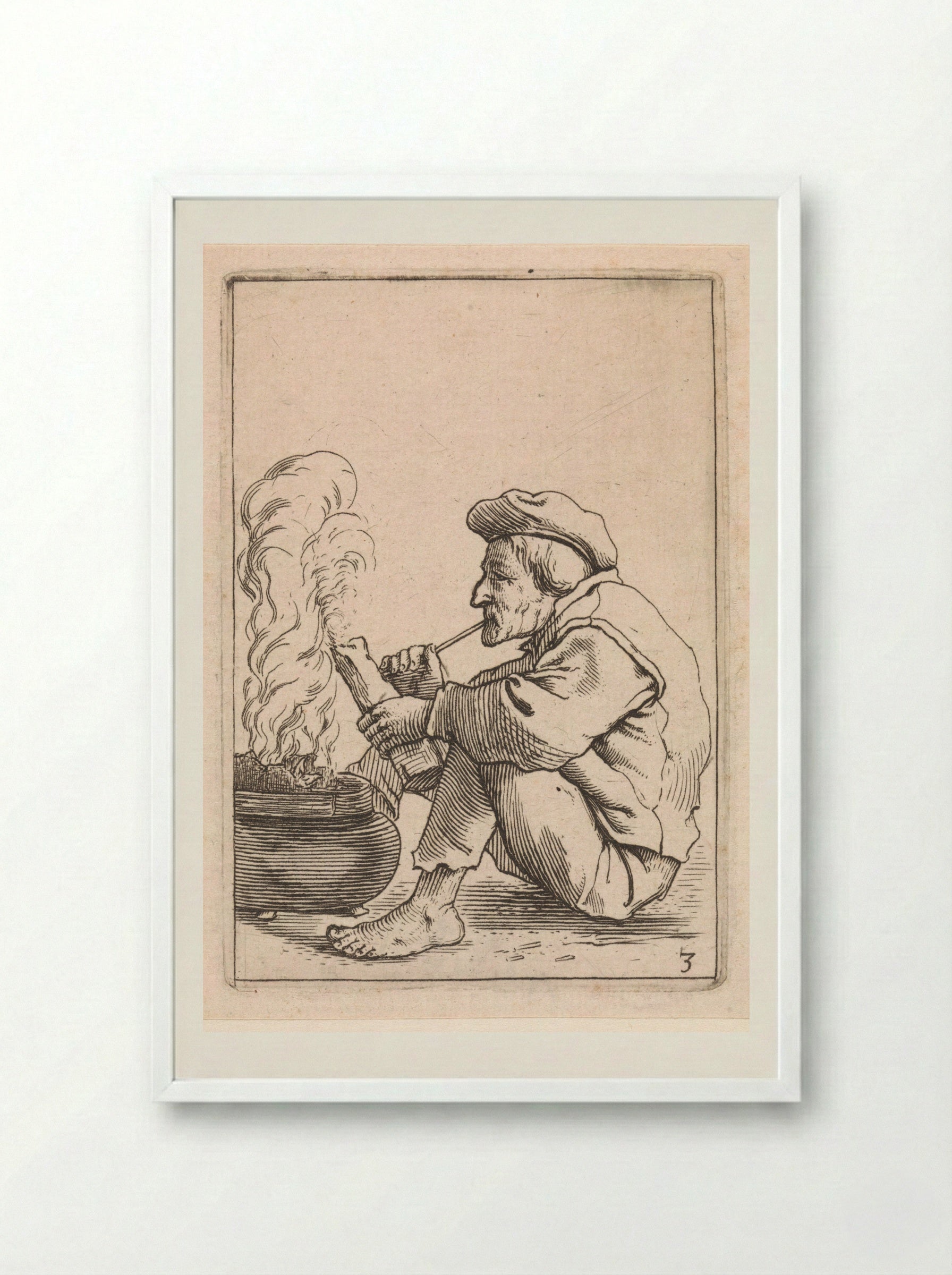 Zittende boer met pijp voor een dampende ketel - Cornelis Saftleven - Framed Print White